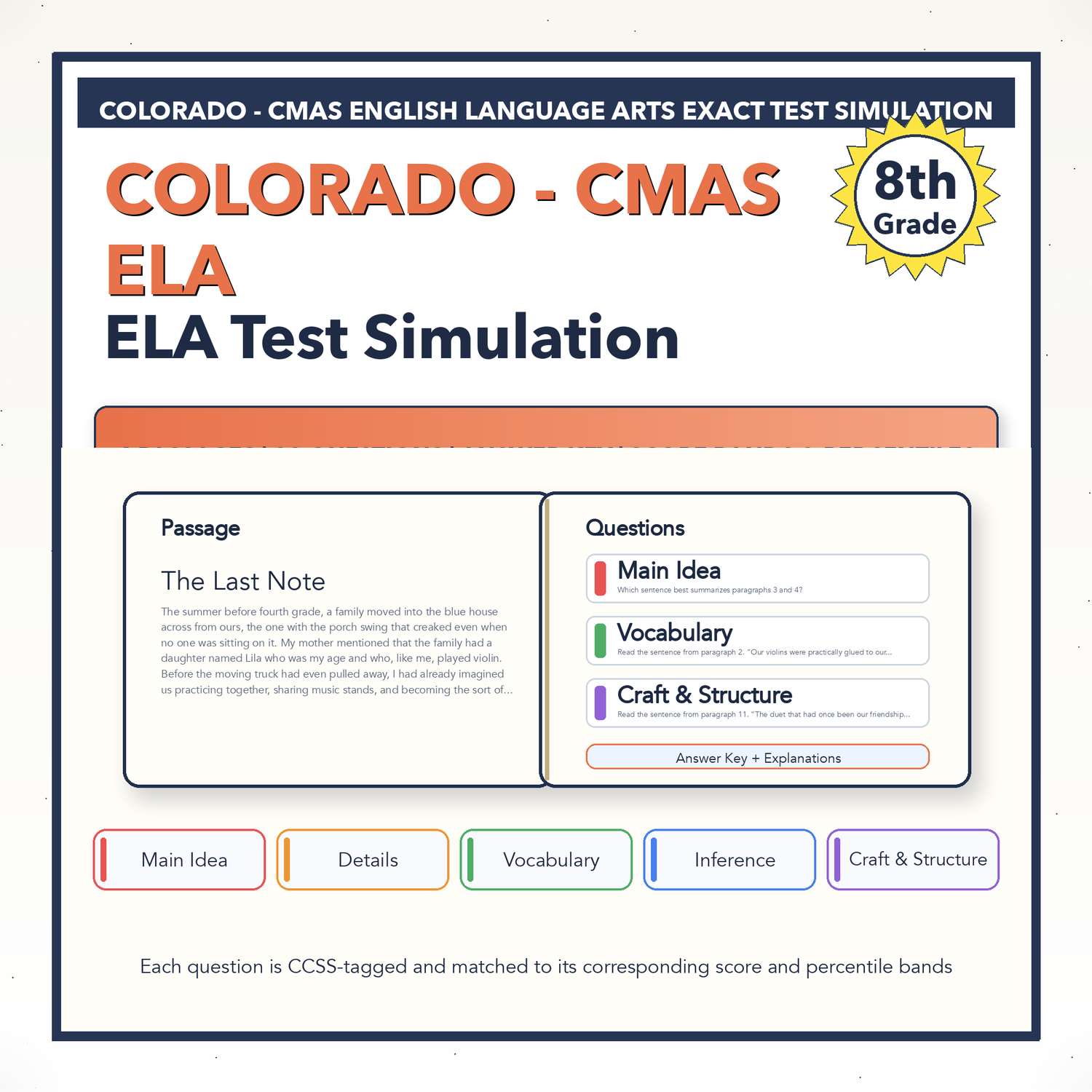 Colorado CMAS ELA Test Simulation | 8th Grade | All 4 Levels (650-850)