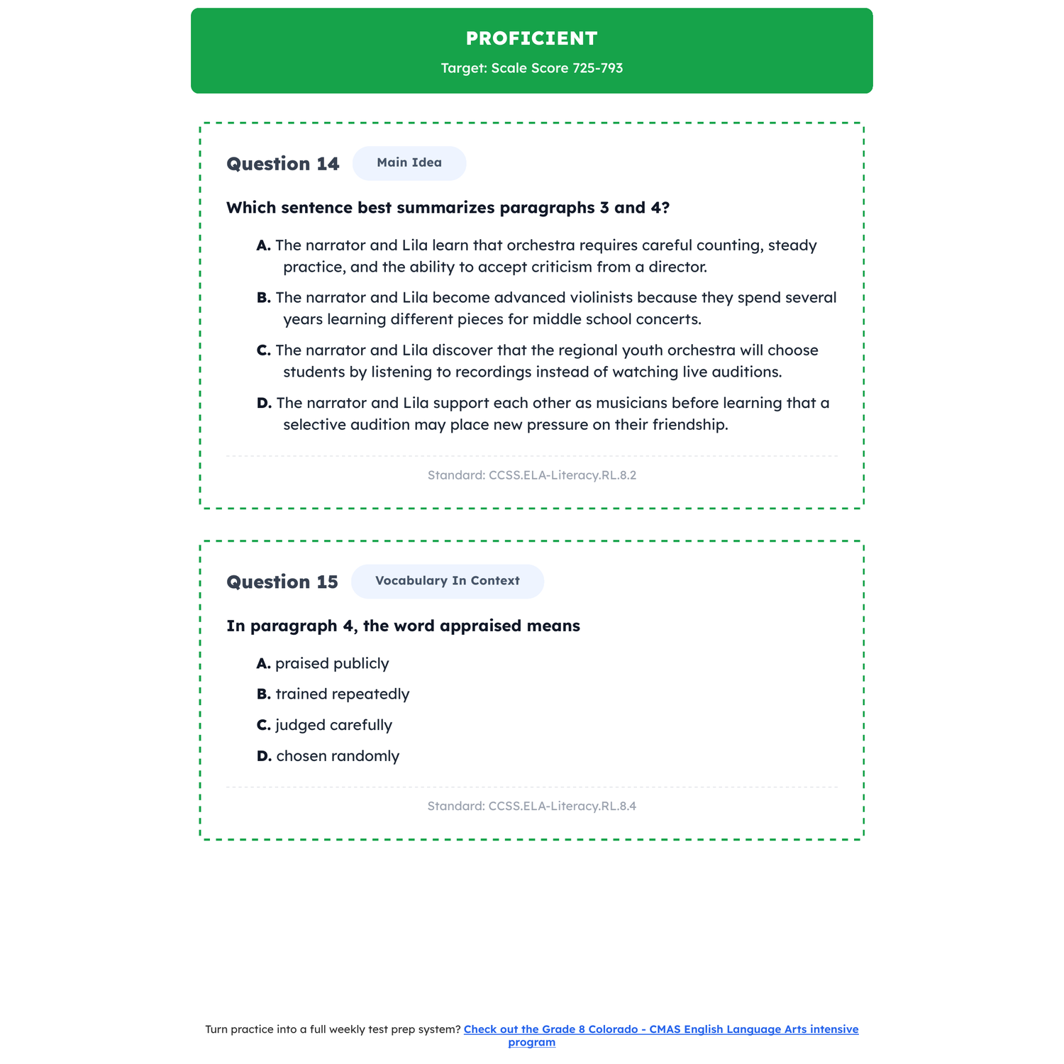 Colorado CMAS ELA Test Simulation | 8th Grade | All 4 Levels (650-850) preview 3