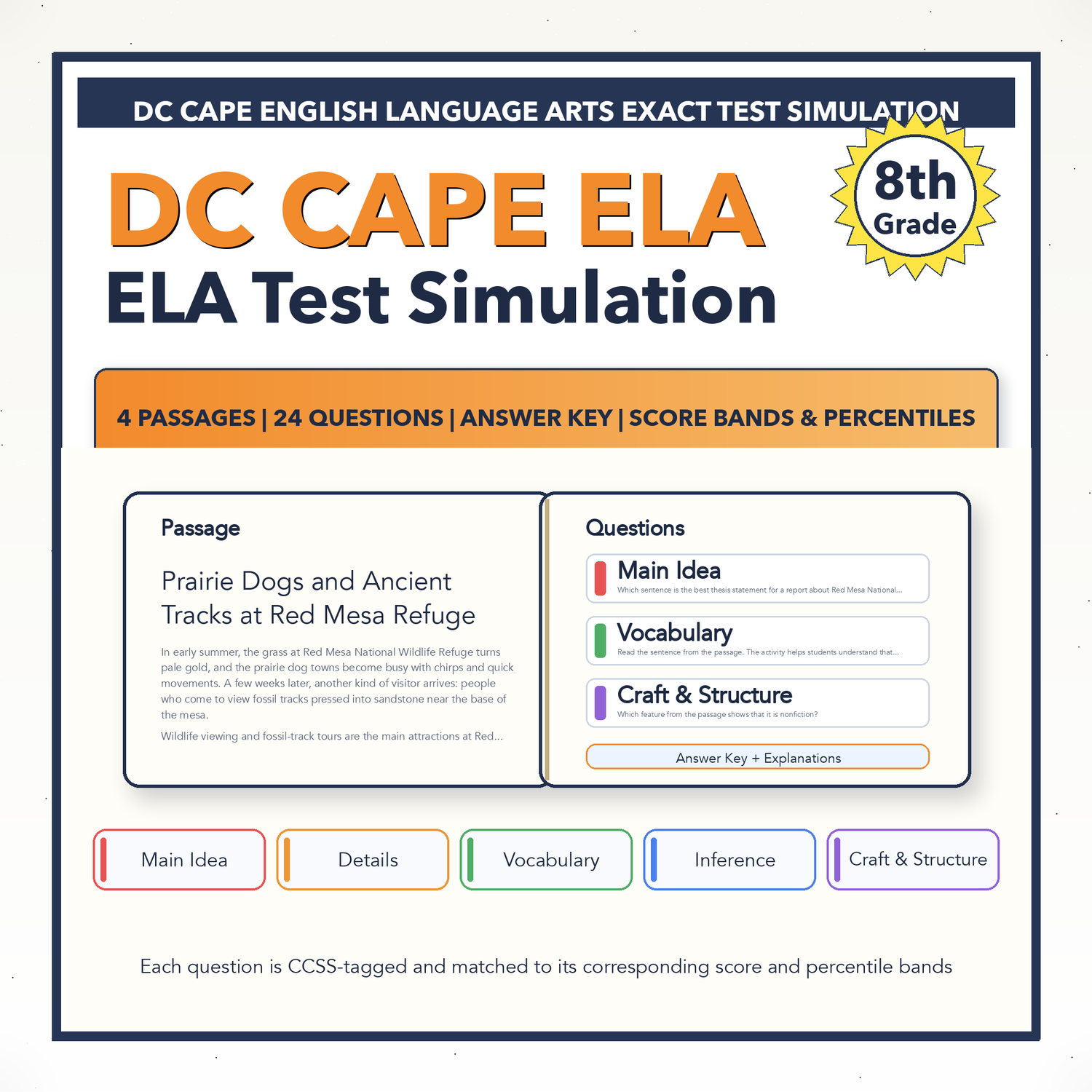 DC CAPE ELA Test Simulation | 8th Grade | All 4 Levels (Scale Score 650-850)
