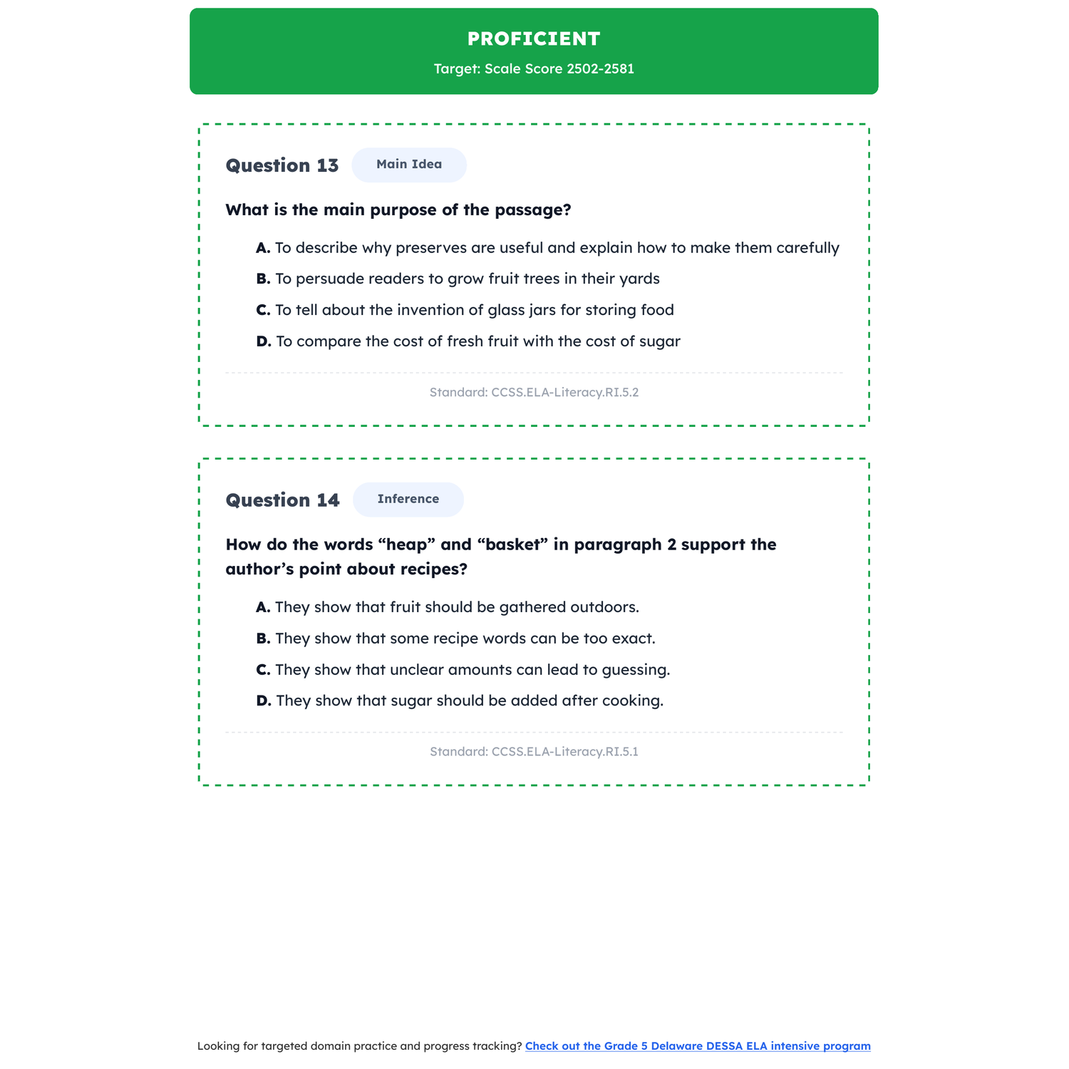Delaware DESSA ELA Test Simulation | 5th Grade | All 4 Levels (2442-2582+) preview 3