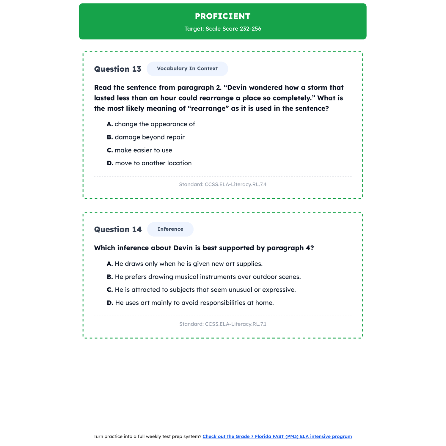 Florida FAST ELA Test Simulation | 7th Grade | All 4 Levels (215-257+) preview 3