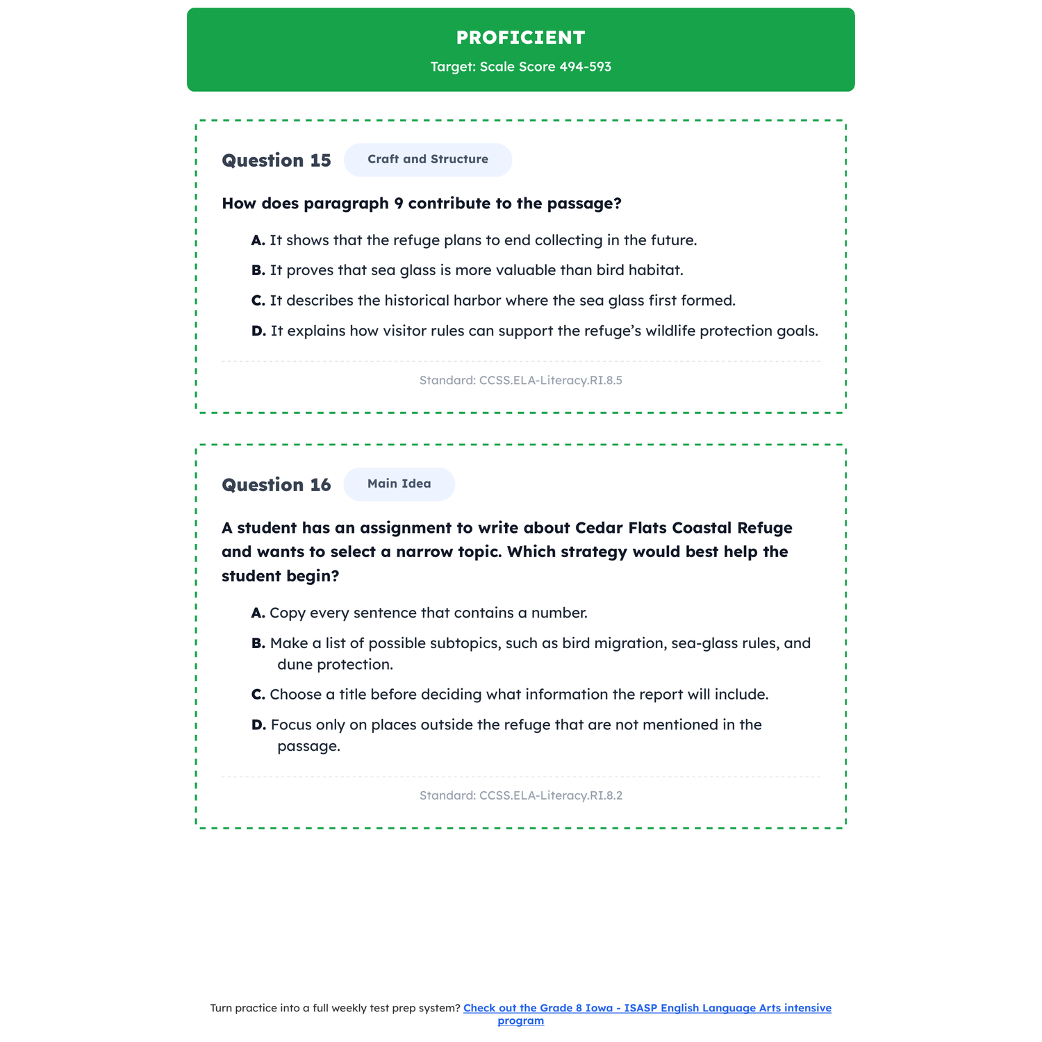 Iowa ISASP ELA Test Simulation | 8th Grade | All 4 Levels (Scale Score 385-720) preview 3