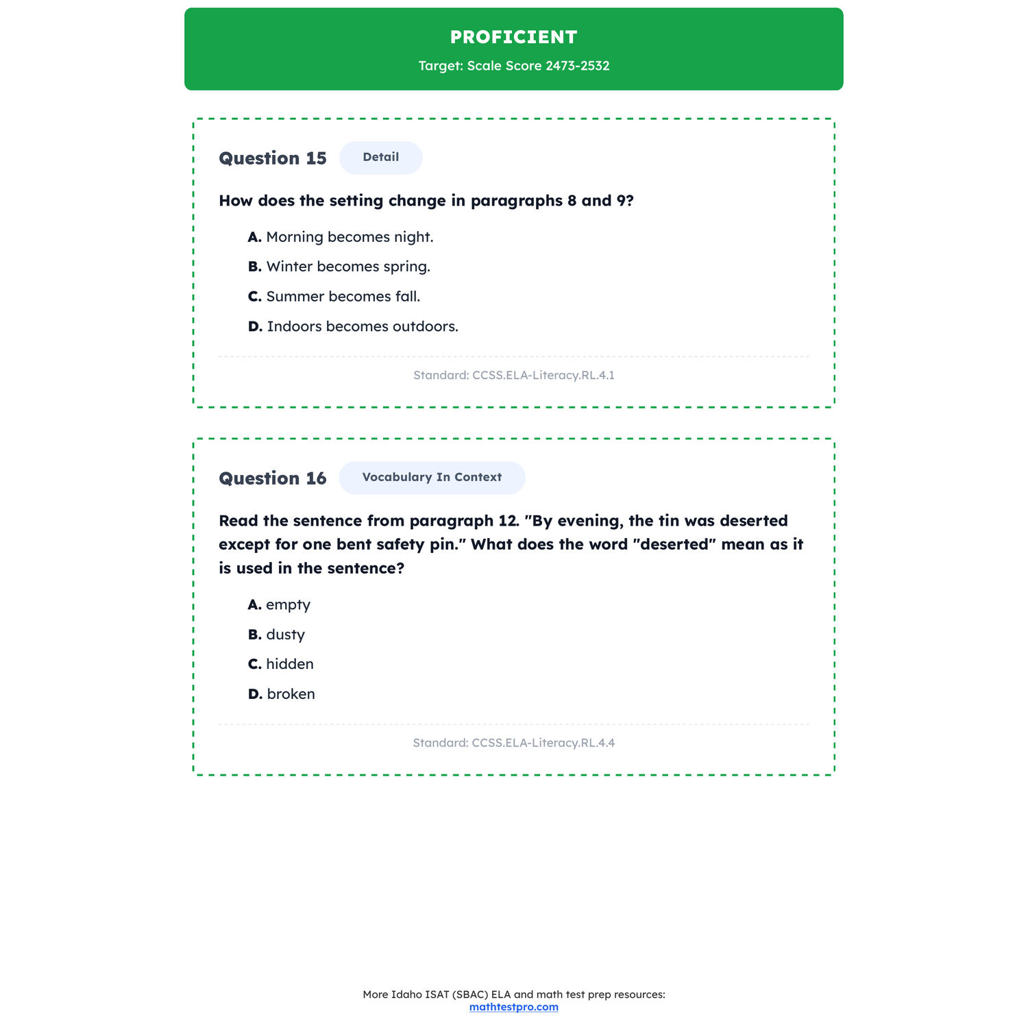 Idaho ISAT (SBAC) ELA Test Simulation | 4th Grade | All 4 Levels (2416-2533+) preview 3