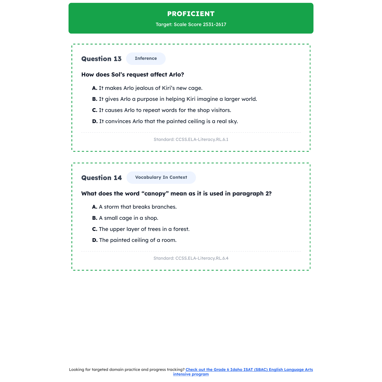 Idaho ISAT (SBAC) ELA Test Simulation | 6th Grade | All 4 Levels (2457-2618+) preview 3
