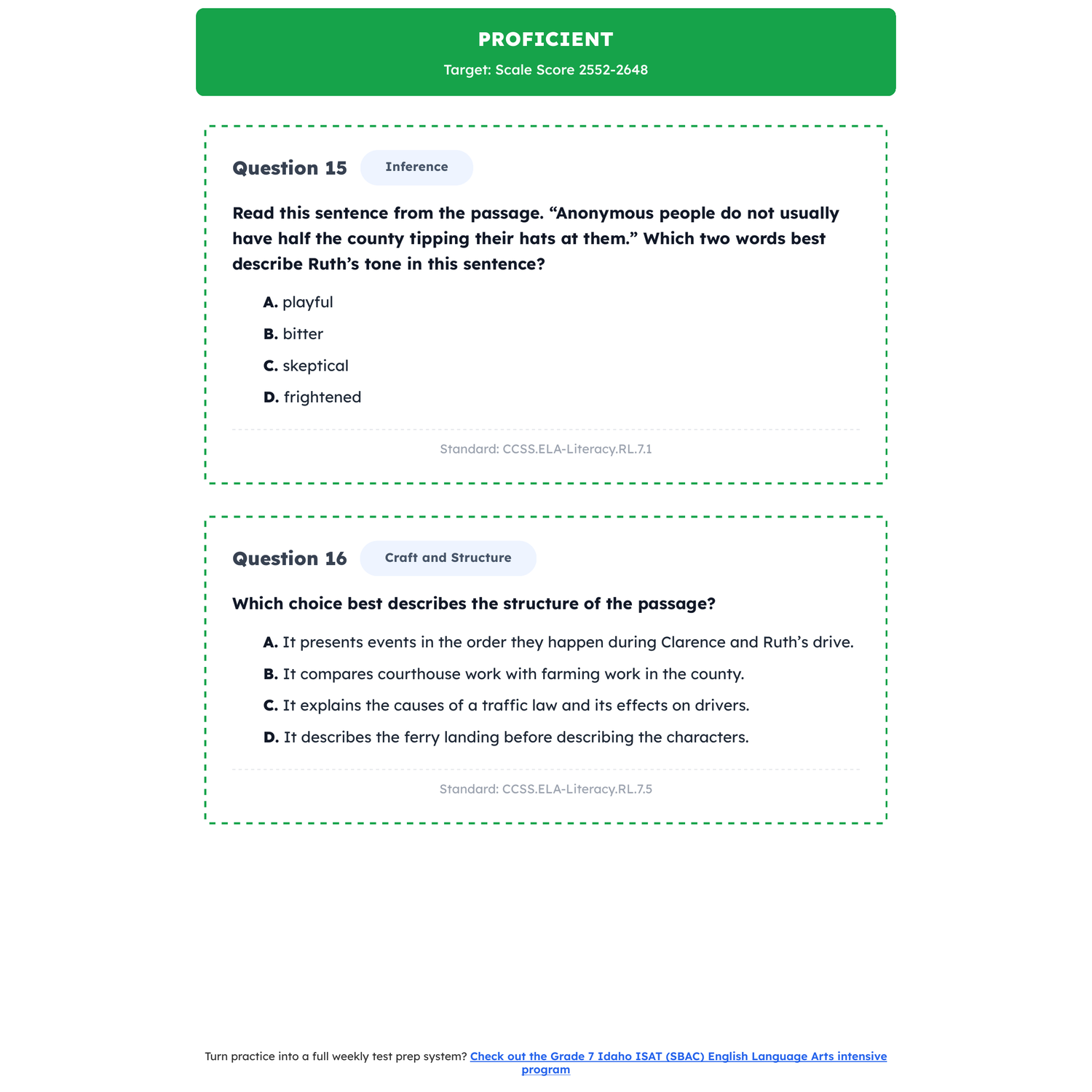 Idaho ISAT (SBAC) ELA Test Simulation | 7th Grade | All 4 Levels (2479-2649+) preview 3