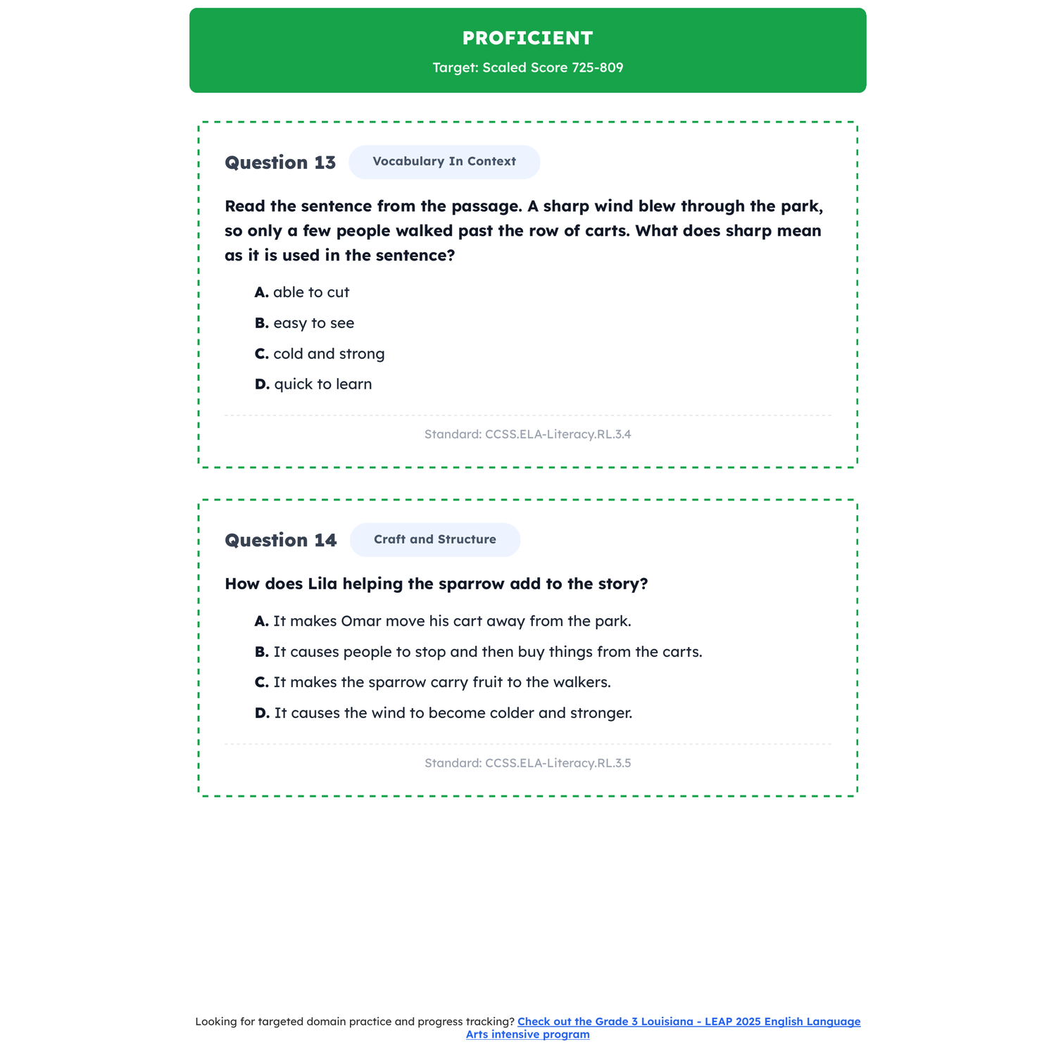 Louisiana LEAP 2025 ELA Test Simulation | 3rd Grade | All 4 Levels (650-850) preview 3