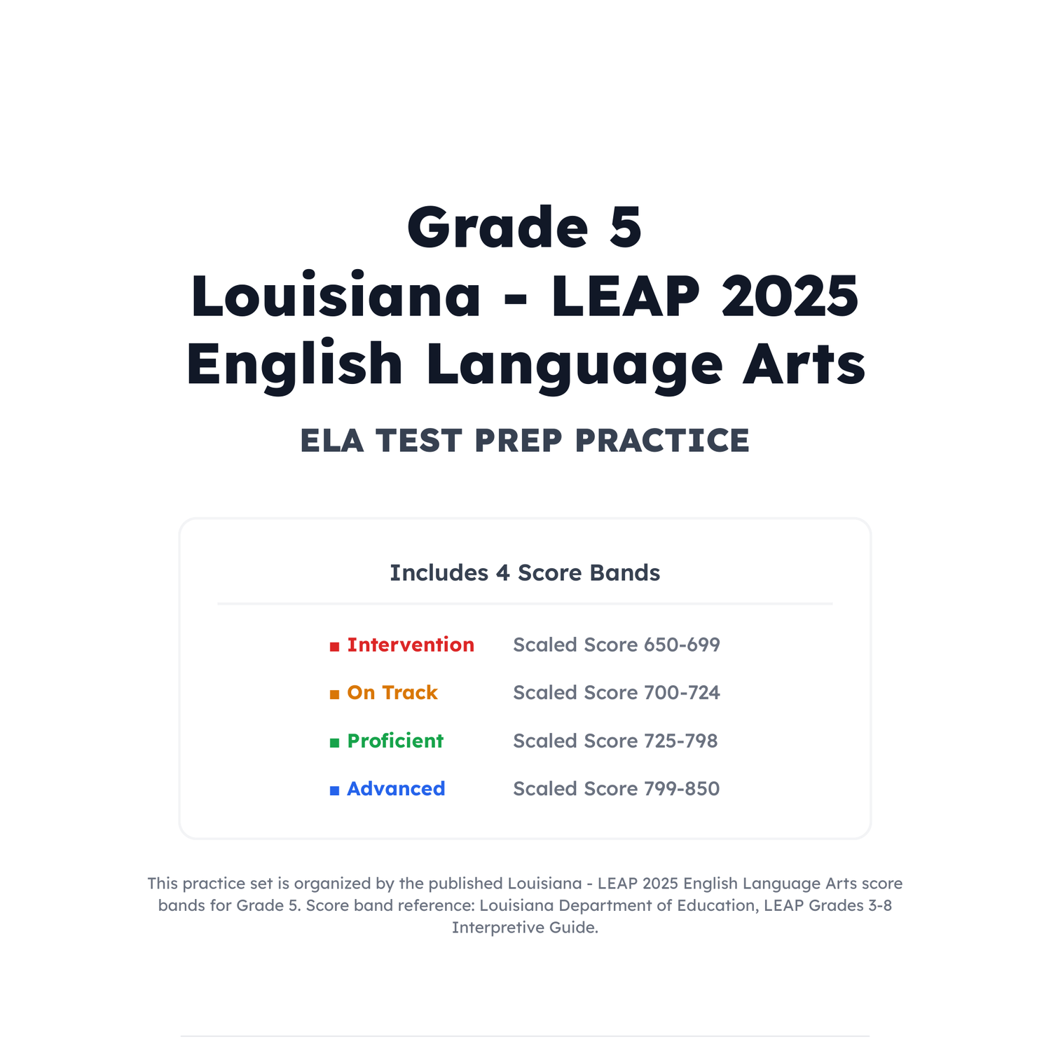 Louisiana LEAP 2025 ELA Test Simulation | 5th Grade | All 4 Levels (650-850) preview 2