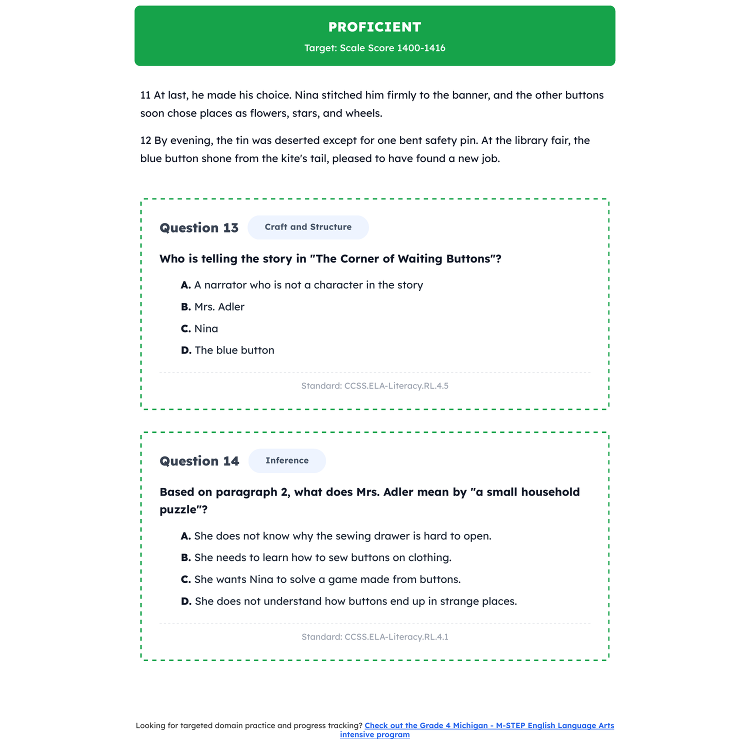 Michigan M-STEP ELA Test Simulation | 4th Grade | All 4 Levels (1301-1454) preview 3