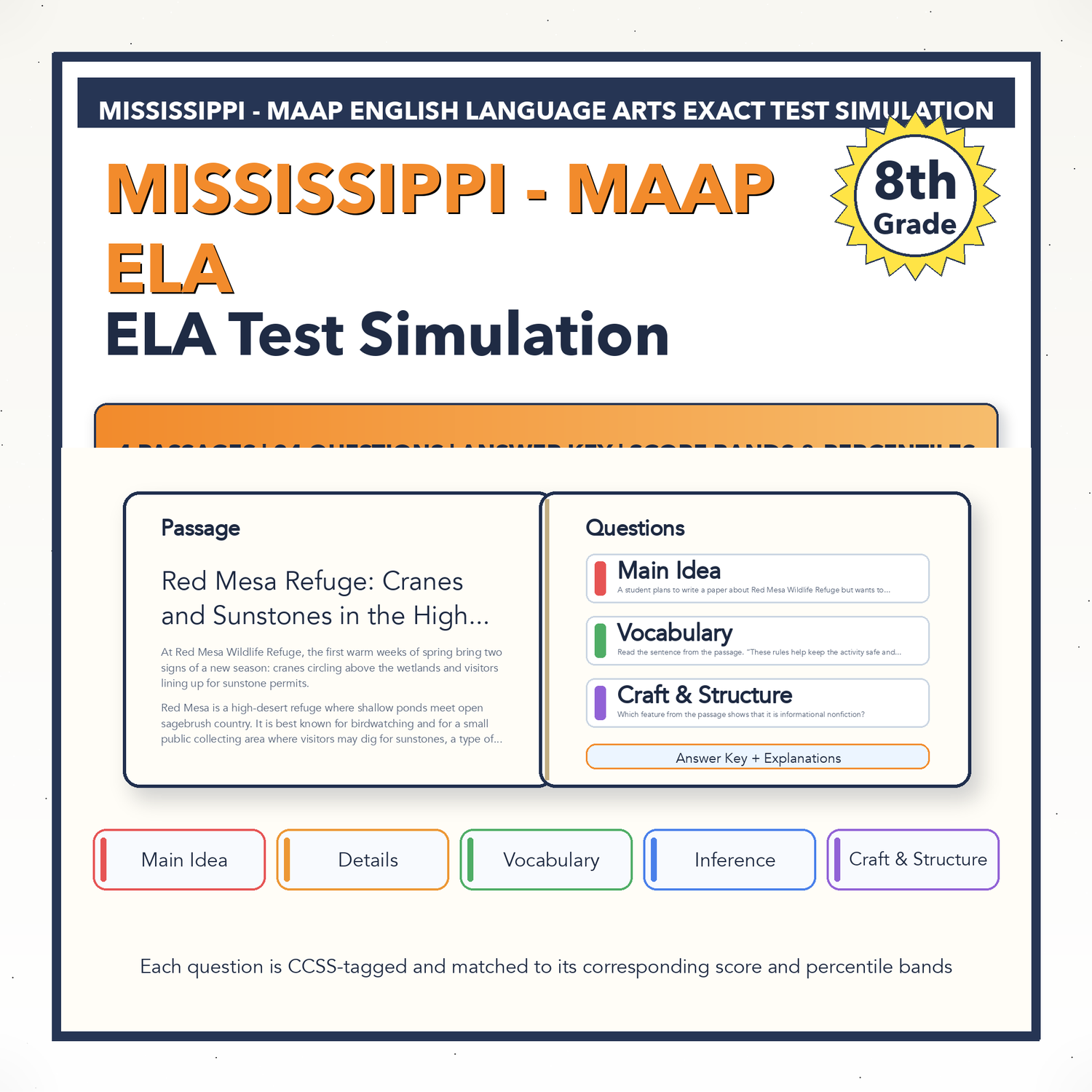 Mississippi MAAP ELA Test Simulation | 8th Grade | All 4 Levels (801-899)
