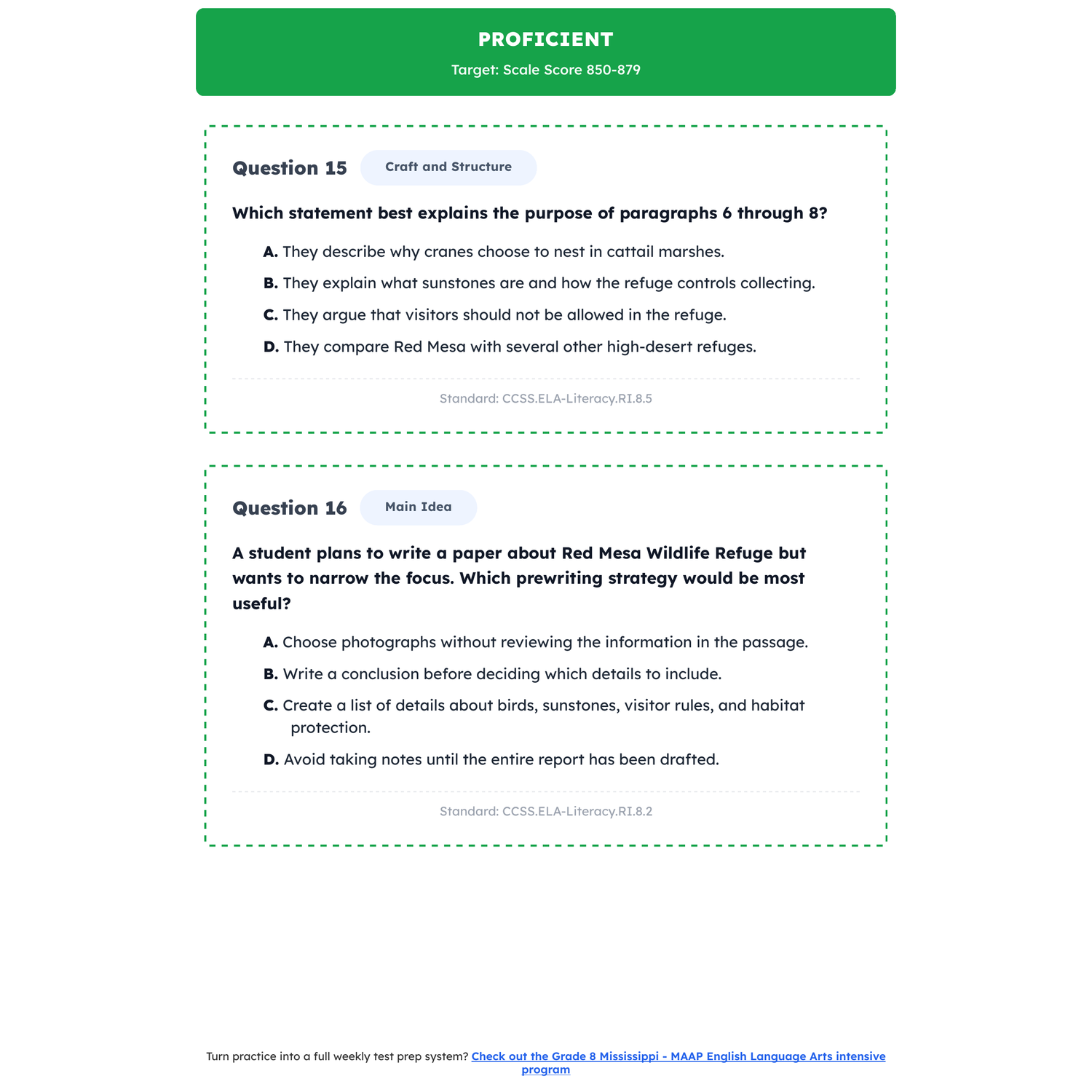 Mississippi MAAP ELA Test Simulation | 8th Grade | All 4 Levels (801-899) preview 3