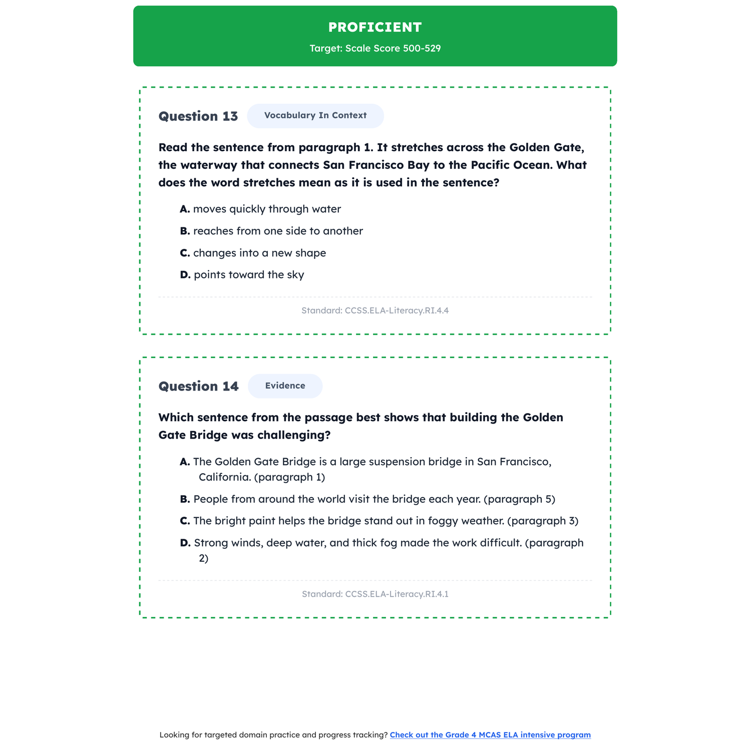 Massachusetts MCAS ELA Test Simulation | 4th Grade | All 4 Levels (440-560) preview 3