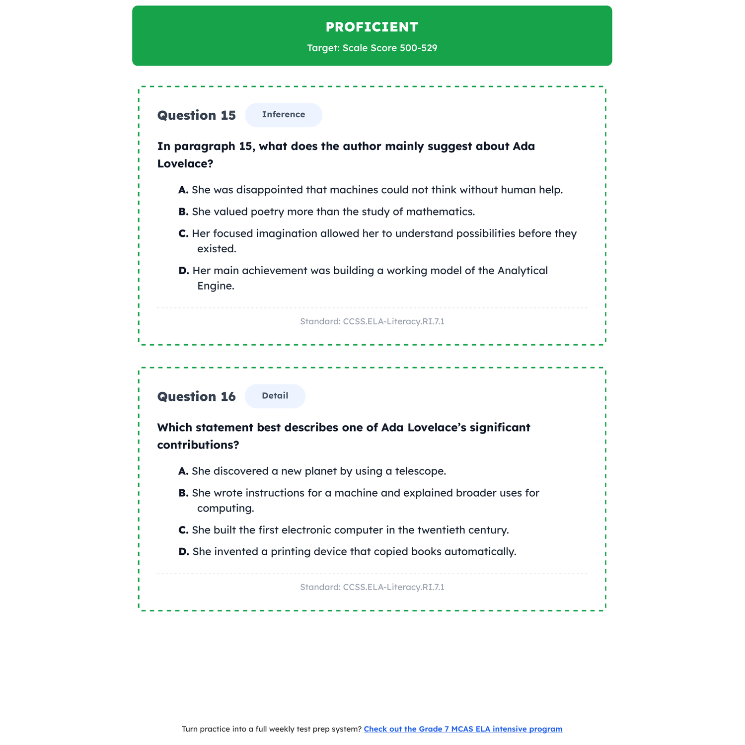 Massachusetts MCAS ELA Test Simulation | 7th Grade | All 4 Levels (440-560) preview 3