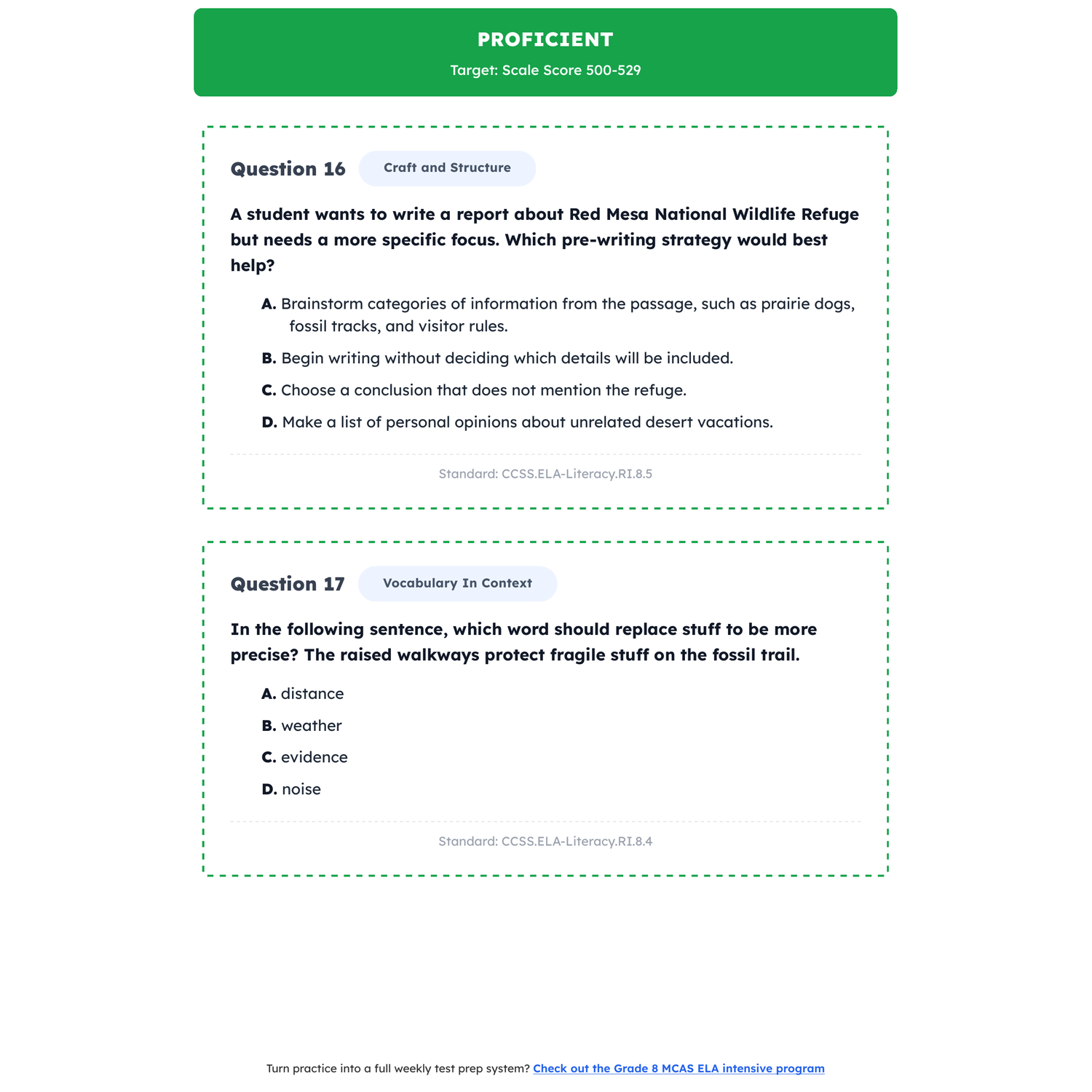 Massachusetts MCAS ELA Test Simulation | 8th Grade | All 4 Levels (440-560) preview 3