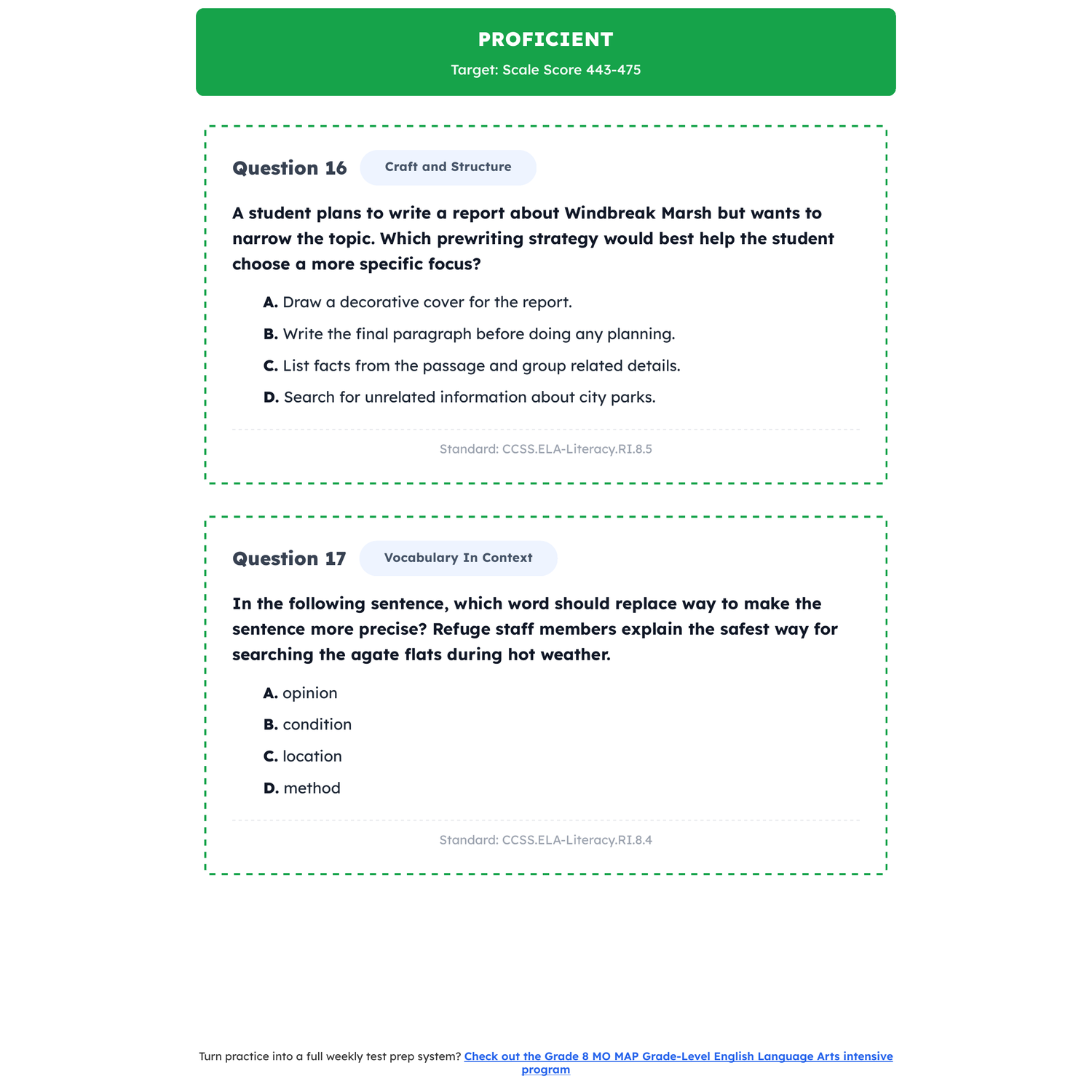 Missouri MO MAP Grade-Level ELA Test Simulation | 8th Grade | 250-650 preview 3