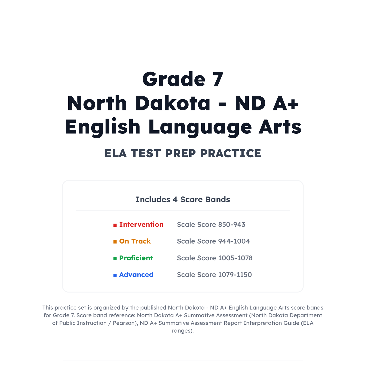 North Dakota ND A+ ELA Test Simulation | 7th Grade | All 4 Levels (850-1150) preview 2