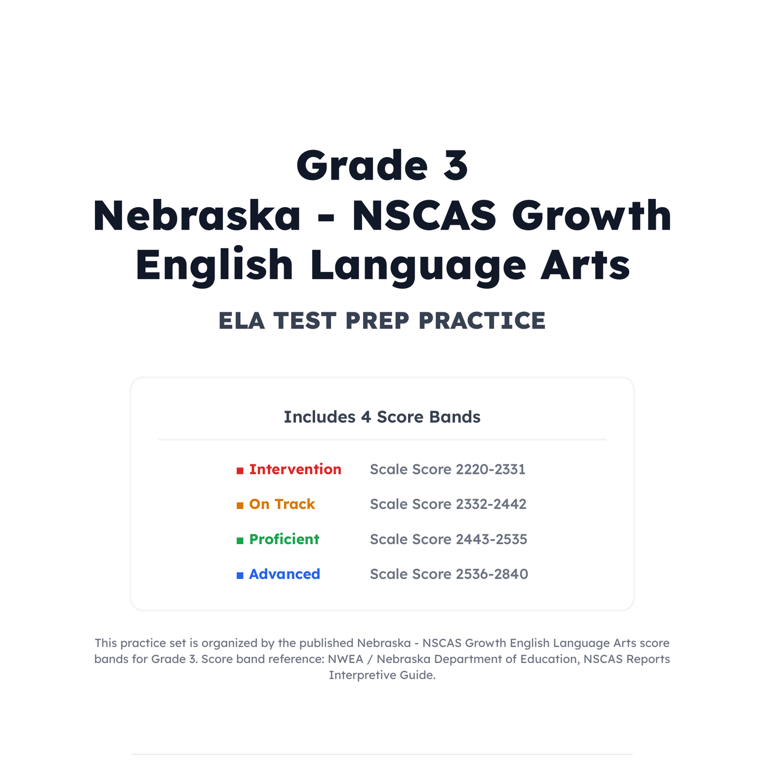 Nebraska NSCAS Growth ELA Test Simulation | 3rd Grade | All 4 Levels (2220-2840) preview 2