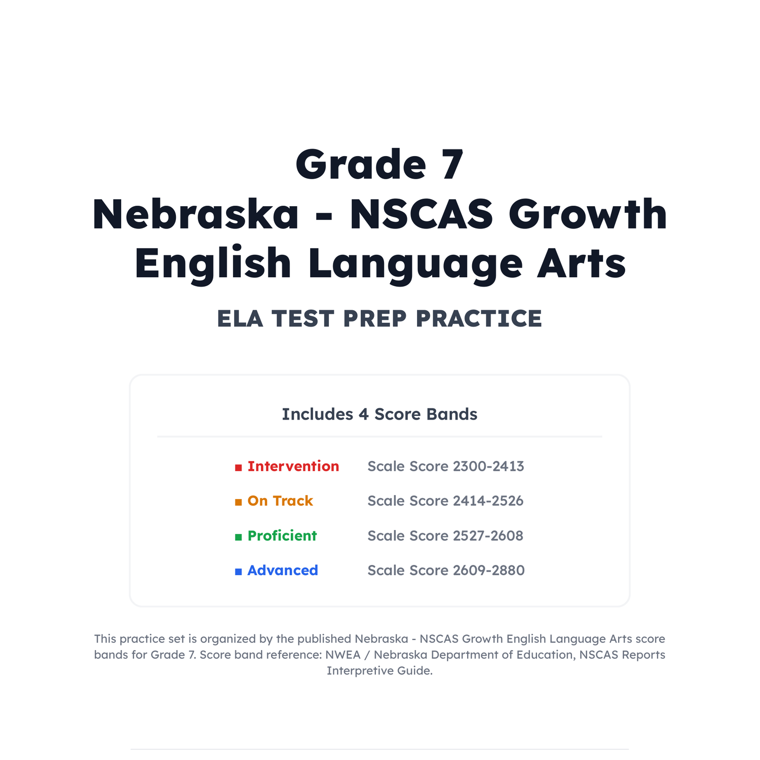 Nebraska NSCAS Growth ELA Test Simulation | 7th Grade | All 4 Levels (2300-2880) preview 2