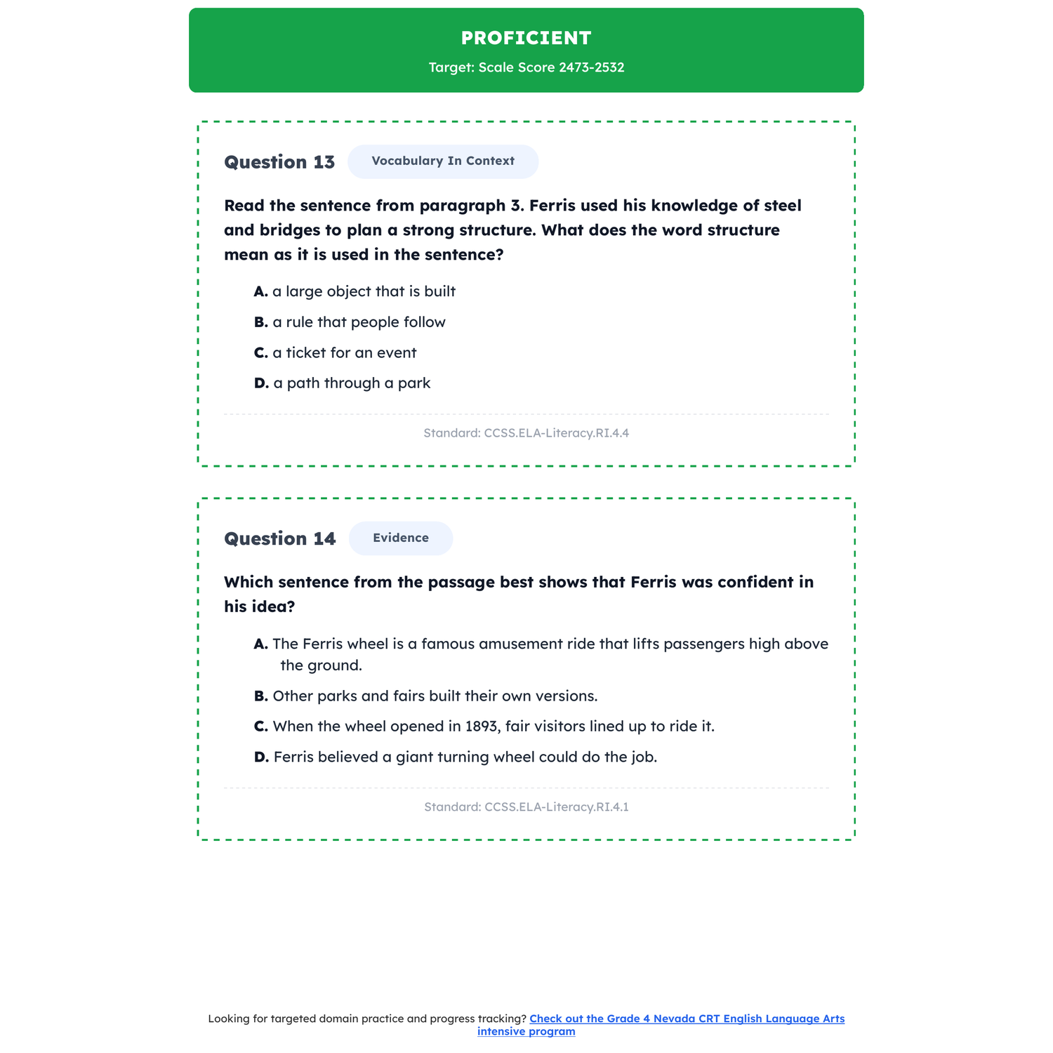 Nevada CRT ELA Test Simulation | 4th Grade | All 4 Levels (2416-2533+) preview 3