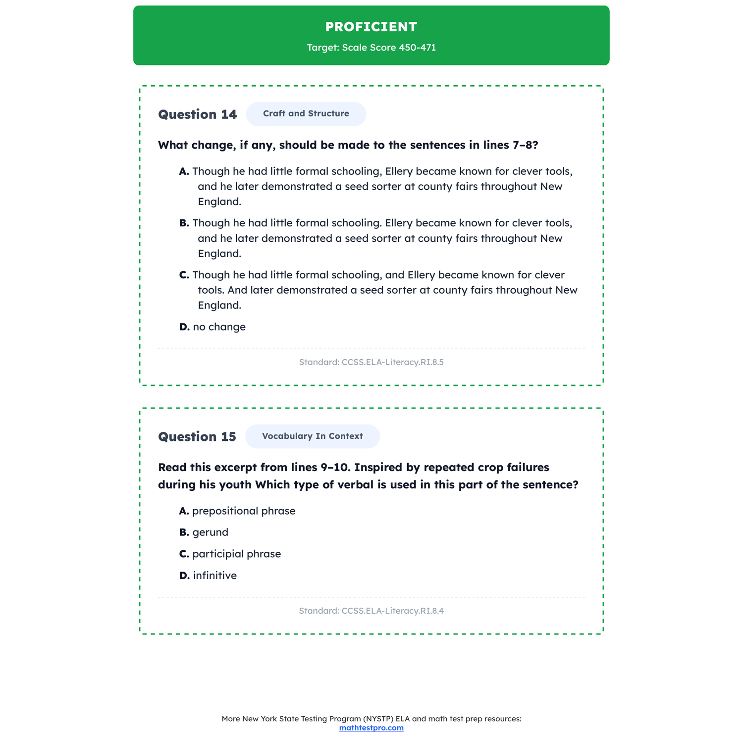 New York NYSTP ELA Test Simulation | 8th Grade | All 4 Levels (363-500) preview 3