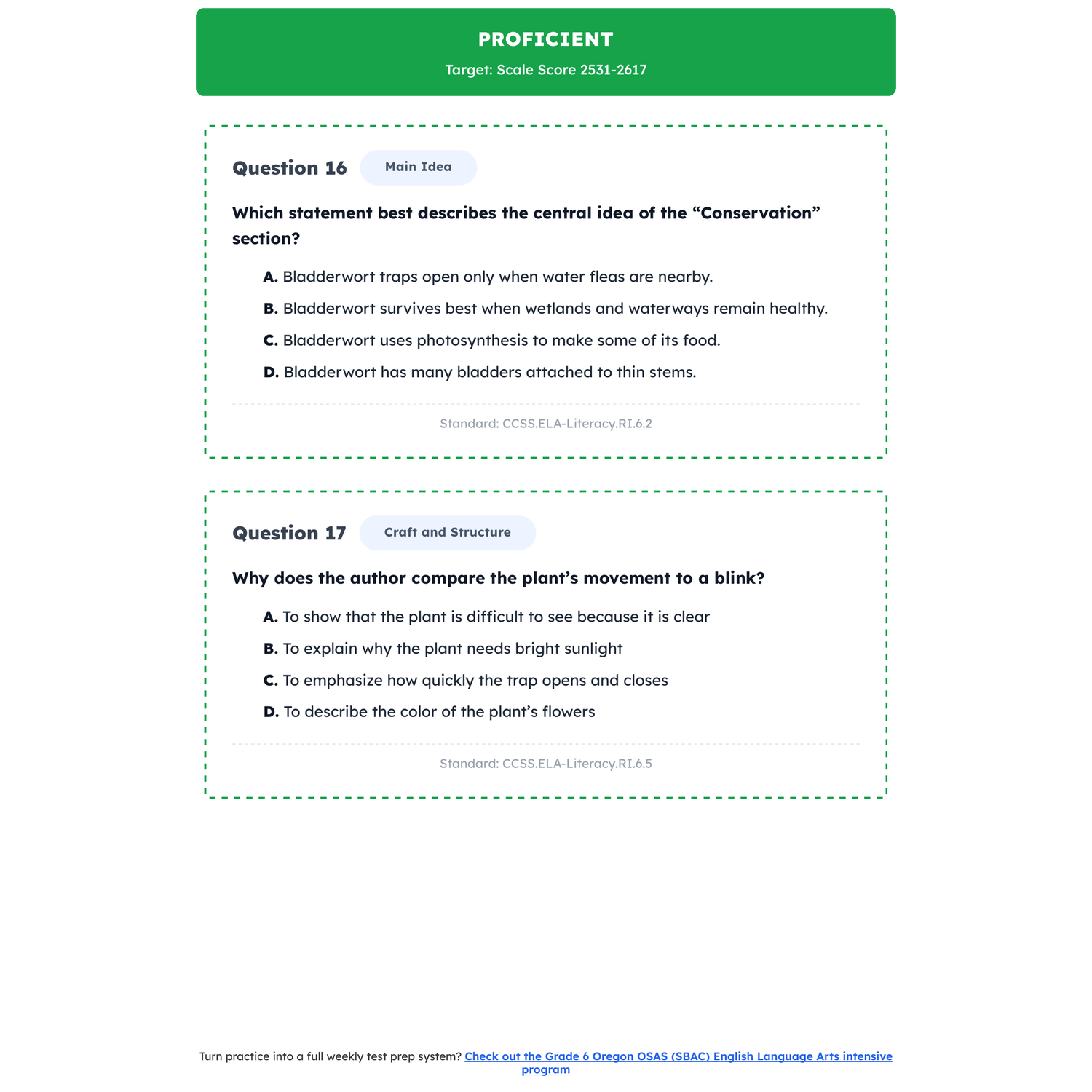 Oregon OSAS (SBAC) ELA Test Simulation | 6th Grade | All 4 Levels (2457-2618+) preview 3