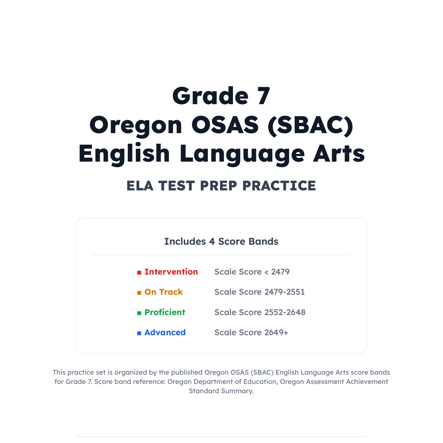 Oregon OSAS (SBAC) ELA Test Simulation | 7th Grade | All 4 Levels (2479-2649+) preview 2