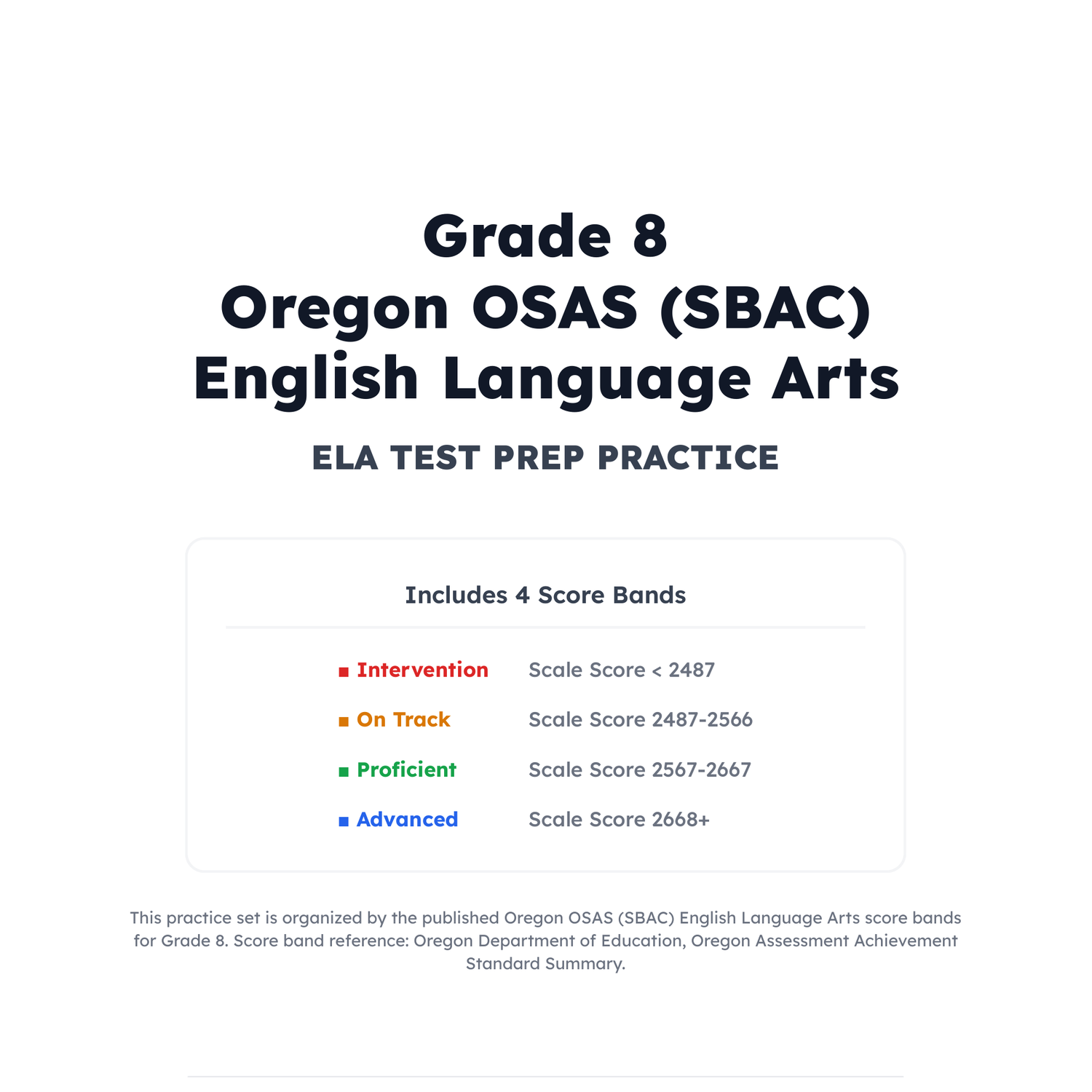 Oregon OSAS (SBAC) ELA Test Simulation | 8th Grade | All 4 Levels (2487-2668+) preview 2
