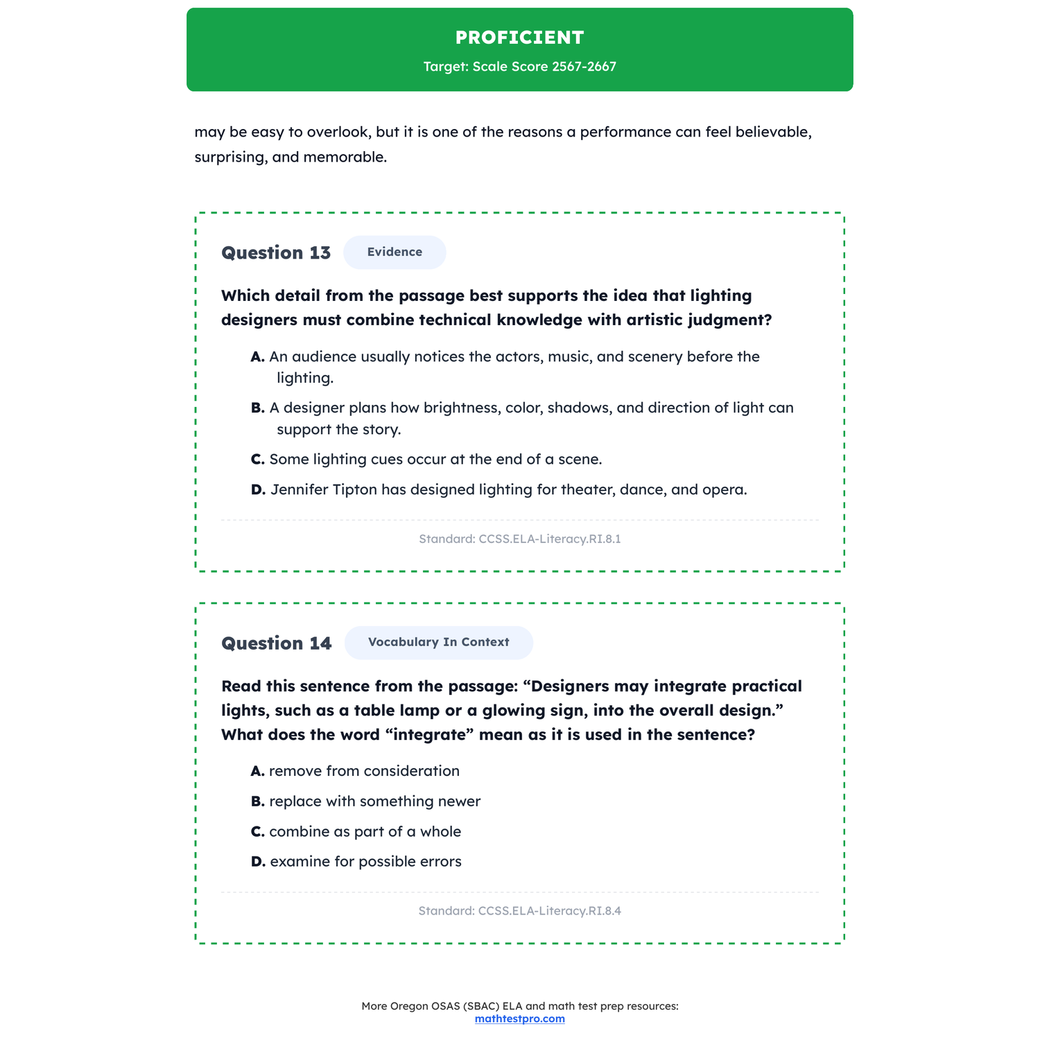 Oregon OSAS (SBAC) ELA Test Simulation | 8th Grade | All 4 Levels (2487-2668+) preview 3