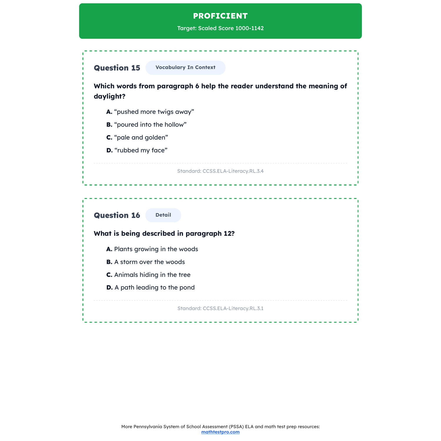 Pennsylvania PSSA ELA Test Simulation | 3rd Grade | All 4 Levels (600-1143+) preview 3