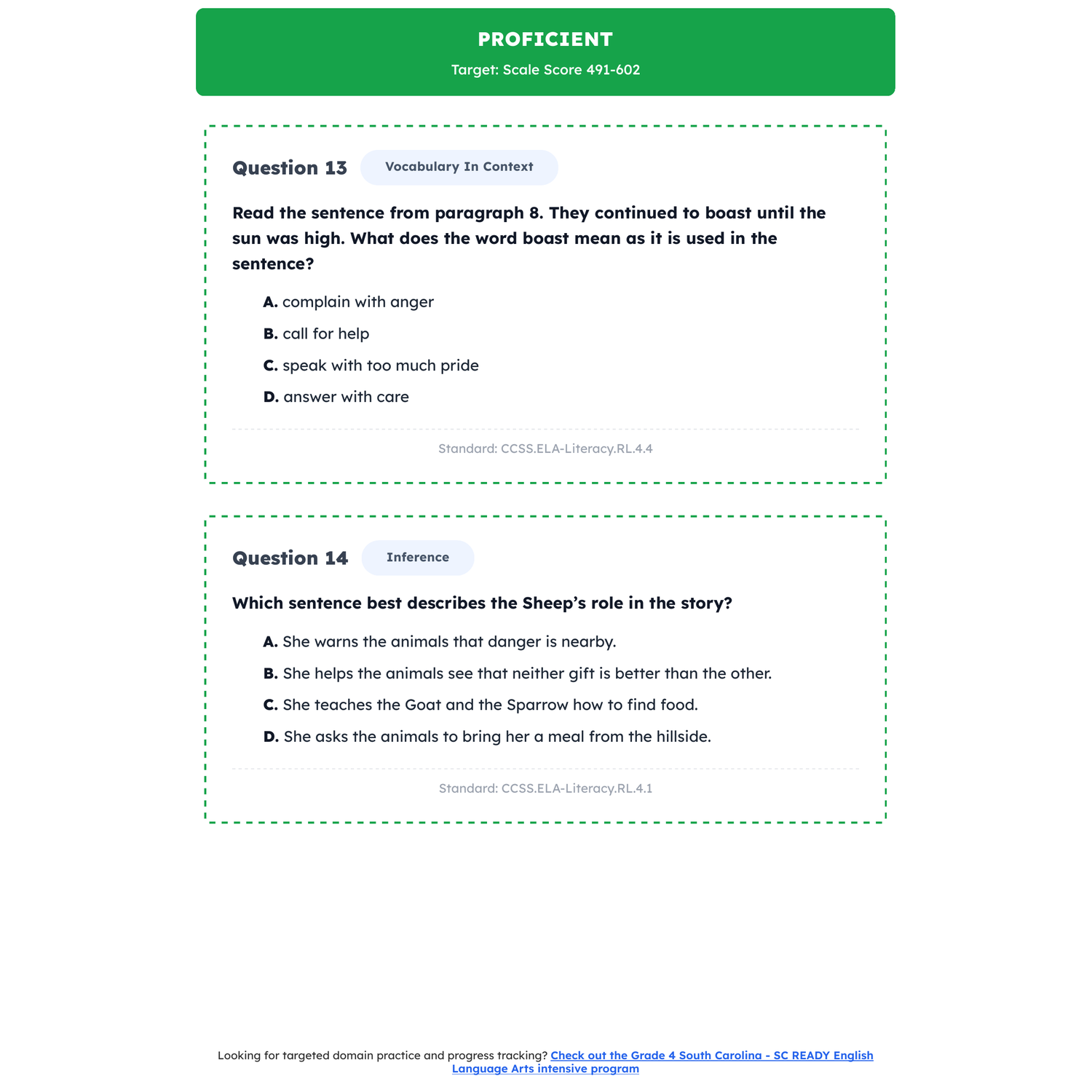 South Carolina SC READY ELA Test Simulation | 4th Grade | All 4 Levels (100-850) preview 3