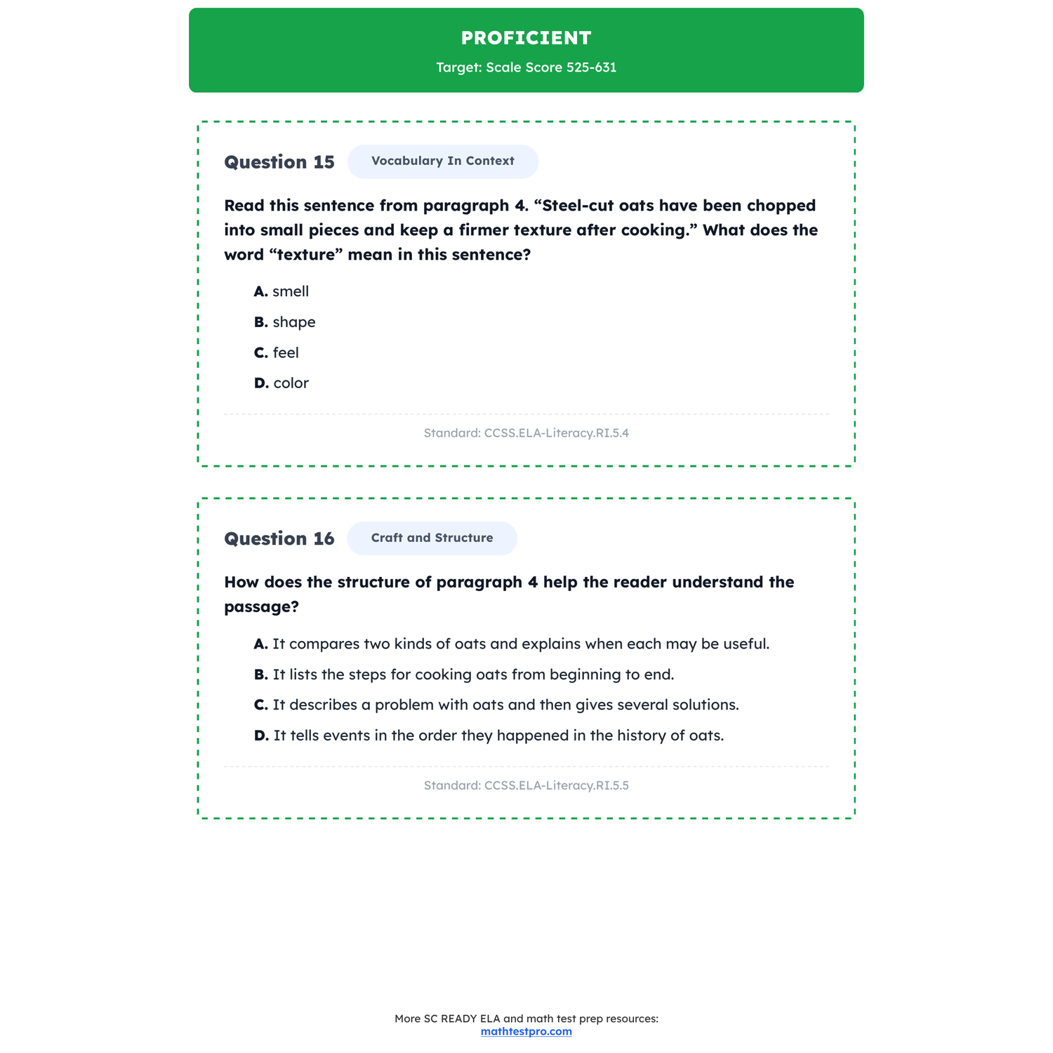 South Carolina SC READY ELA Test Simulation | 5th Grade | All 4 Levels (100-875) preview 3