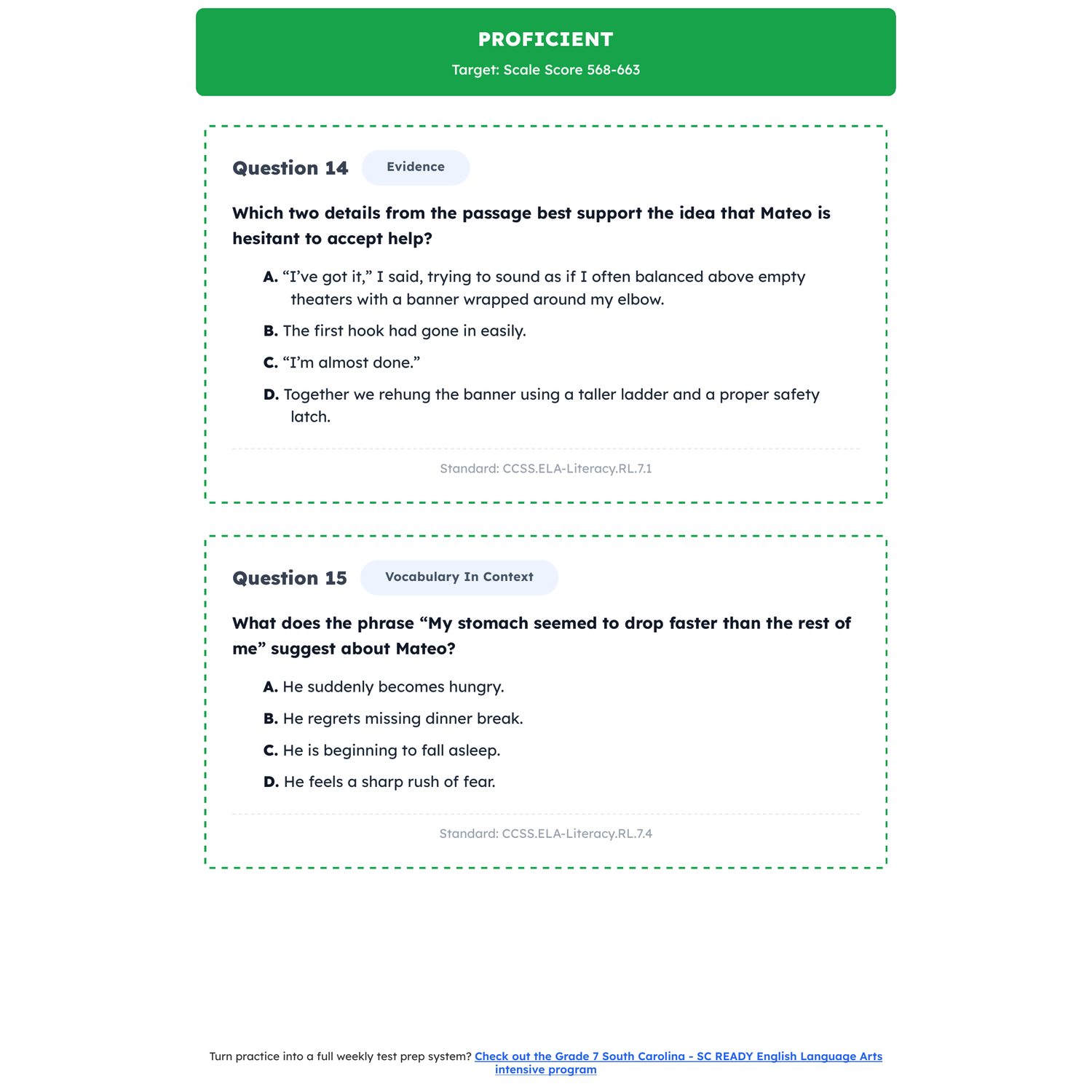 South Carolina SC READY ELA Test Simulation | 7th Grade | All 4 Levels (100-925) preview 3
