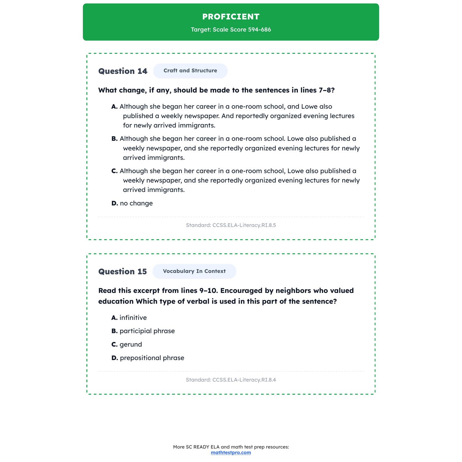 South Carolina SC READY ELA Test Simulation | 8th Grade | All 4 Levels (100-950) preview 3
