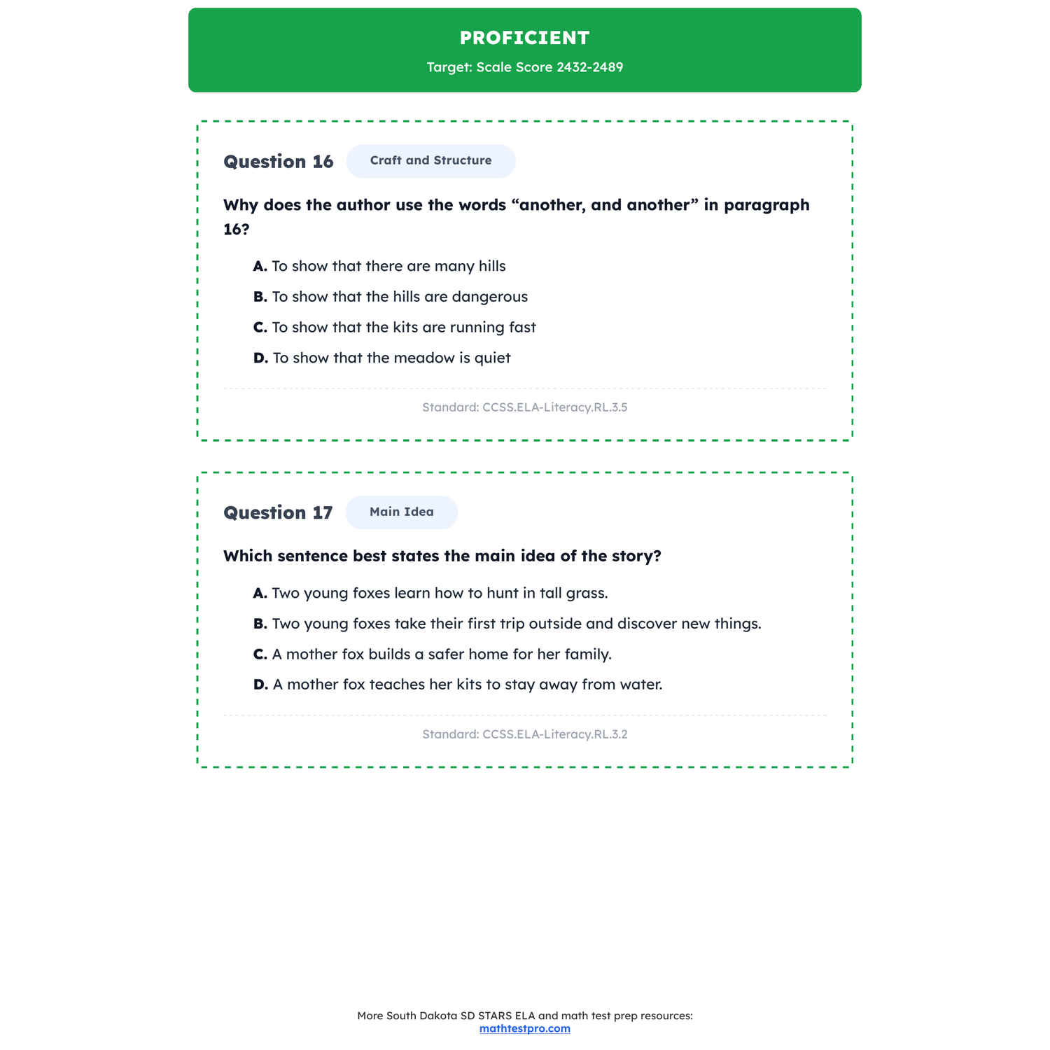South Dakota SD STARS ELA Test Simulation | 3rd Grade | Scale Score 2367-2490+ preview 3