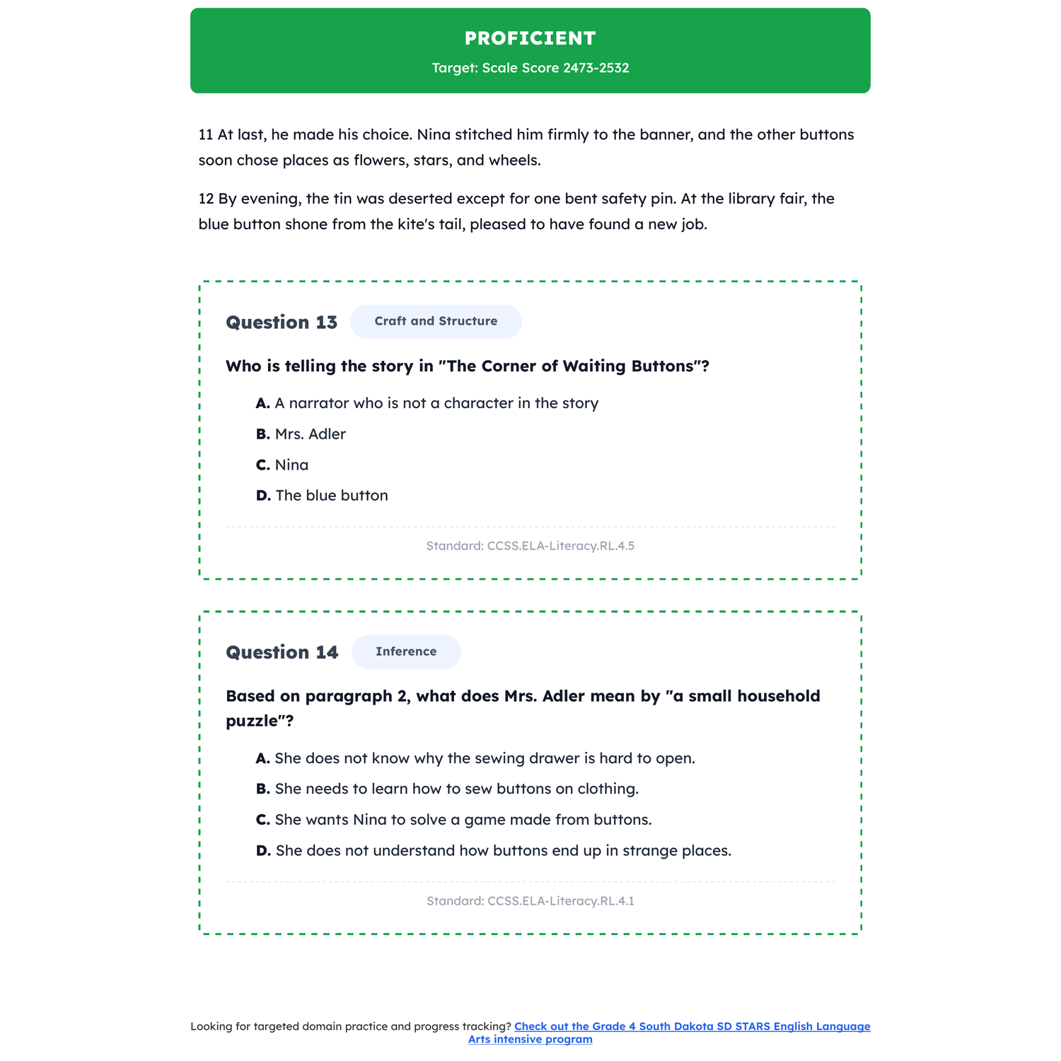 South Dakota SD STARS ELA Test Simulation | 4th Grade | Scale Score 2416-2533+ preview 3