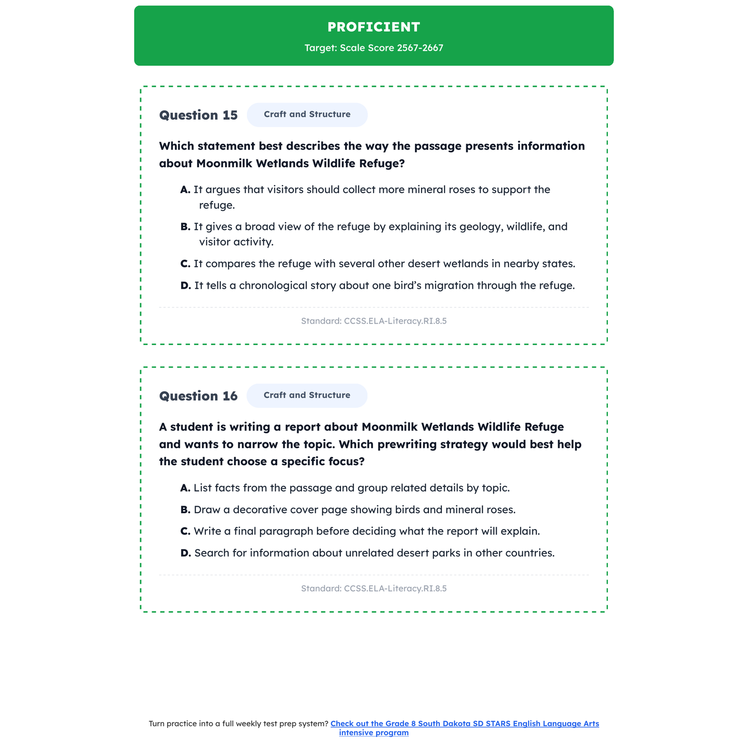 South Dakota SD STARS ELA Test Simulation | 8th Grade | Scale Score 2487-2668+ preview 3