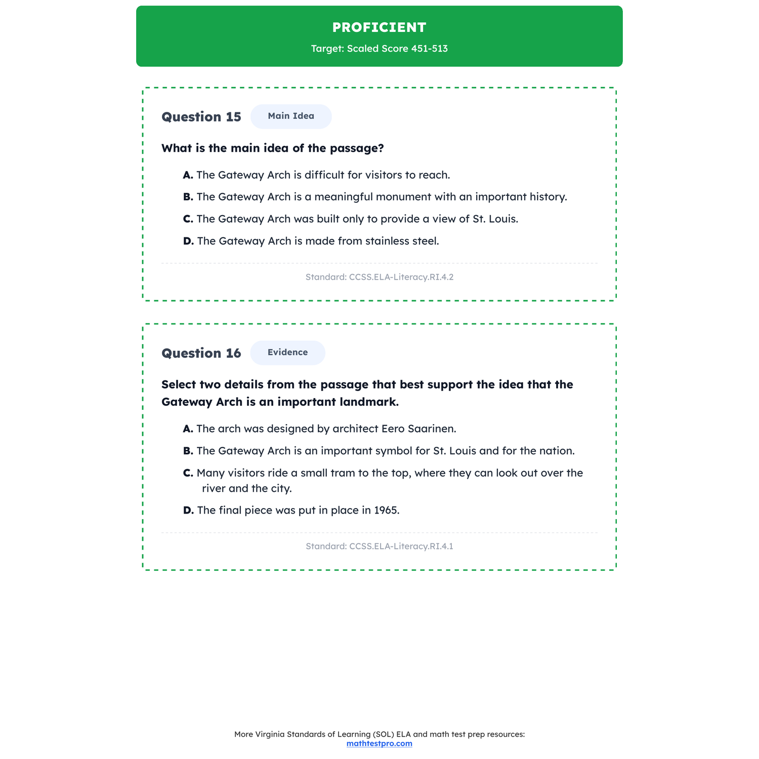 Virginia SOL ELA Test Simulation | 4th Grade | All 4 Levels (Scaled Score 0-600) preview 3