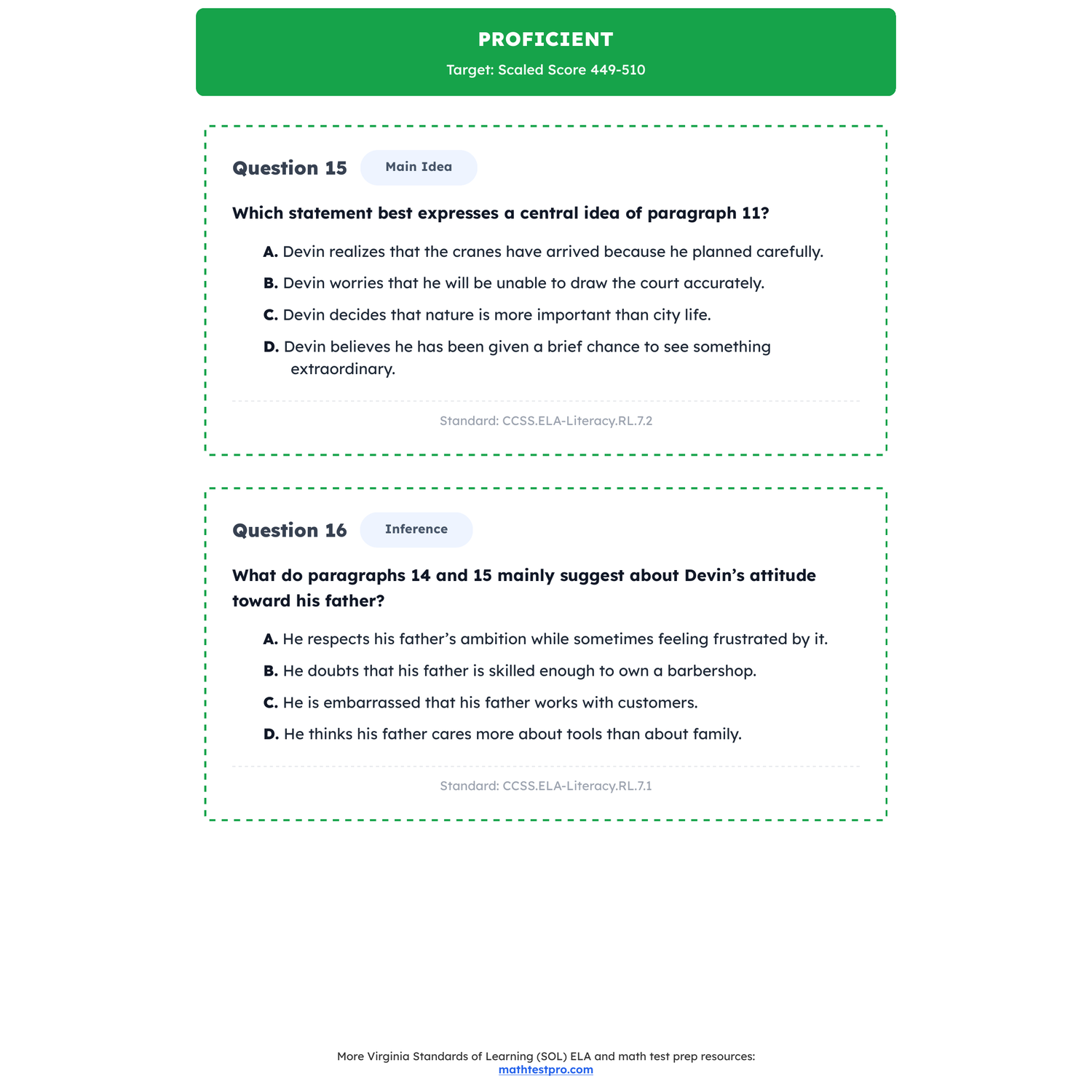 Virginia SOL ELA Test Simulation | 7th Grade | All 4 Levels (Scaled Score 0-600) preview 3