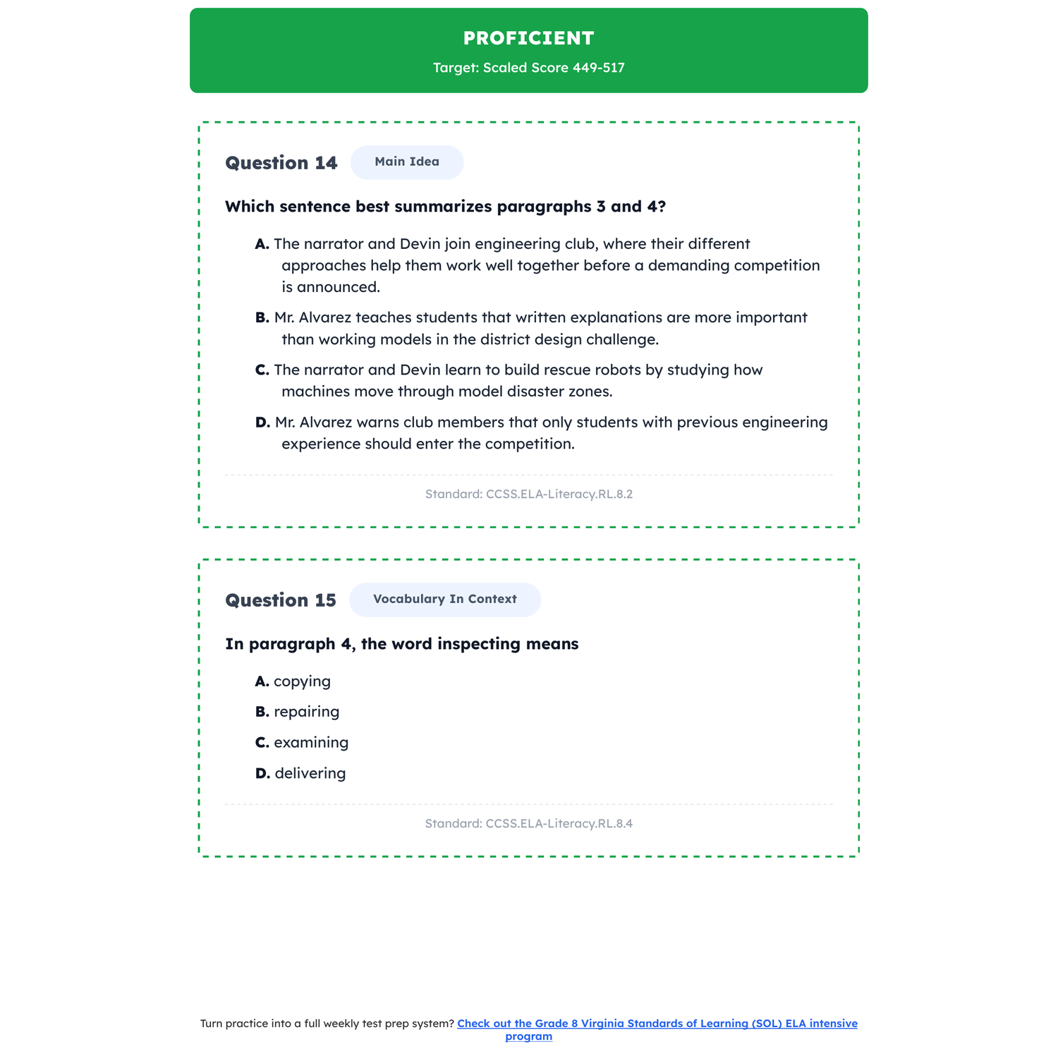 Virginia SOL ELA Test Simulation | 8th Grade | All 4 Levels (Scaled Score 0-600) preview 3