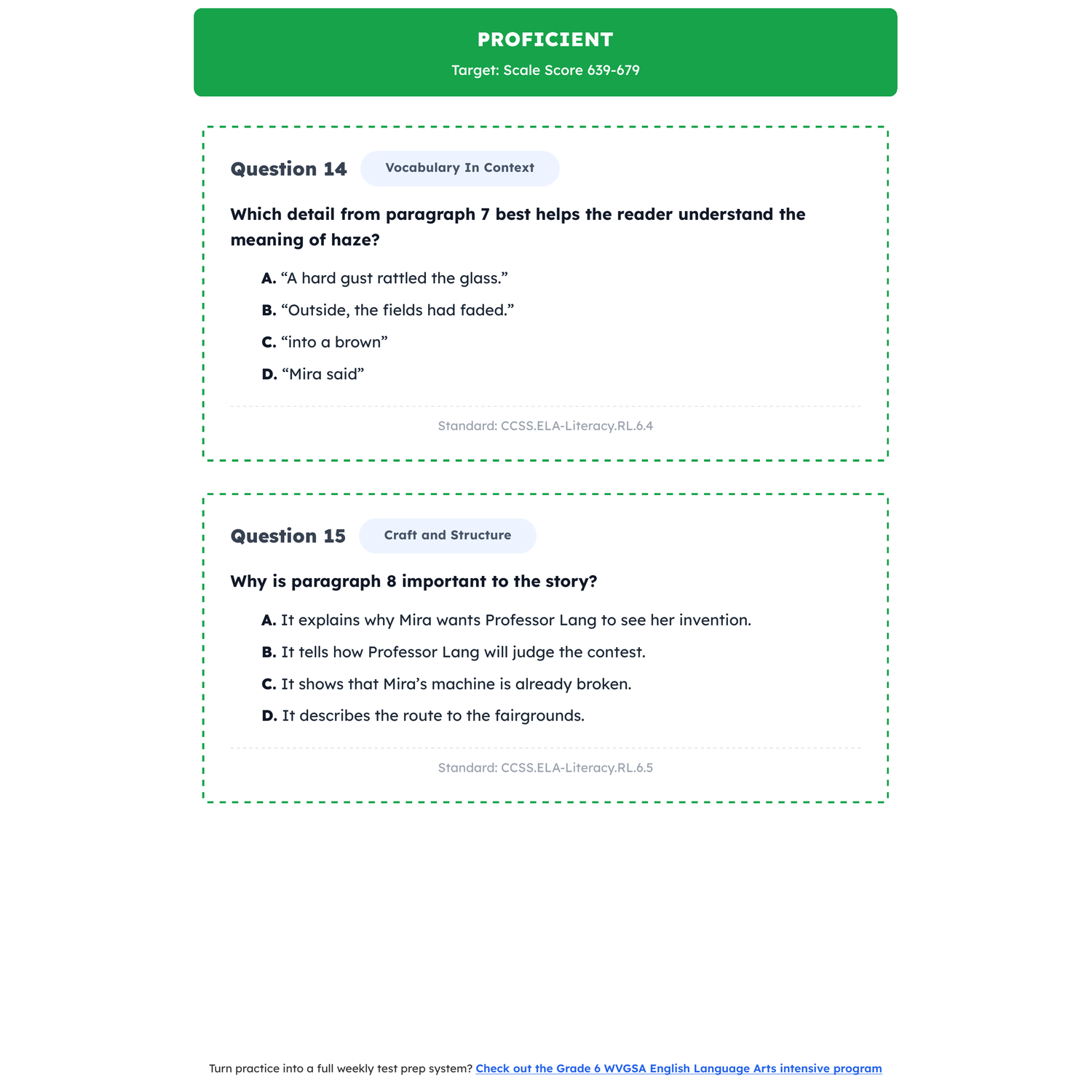 West Virginia WVGSA ELA Test Simulation | 6th Grade | All 4 Levels (460-830) preview 3