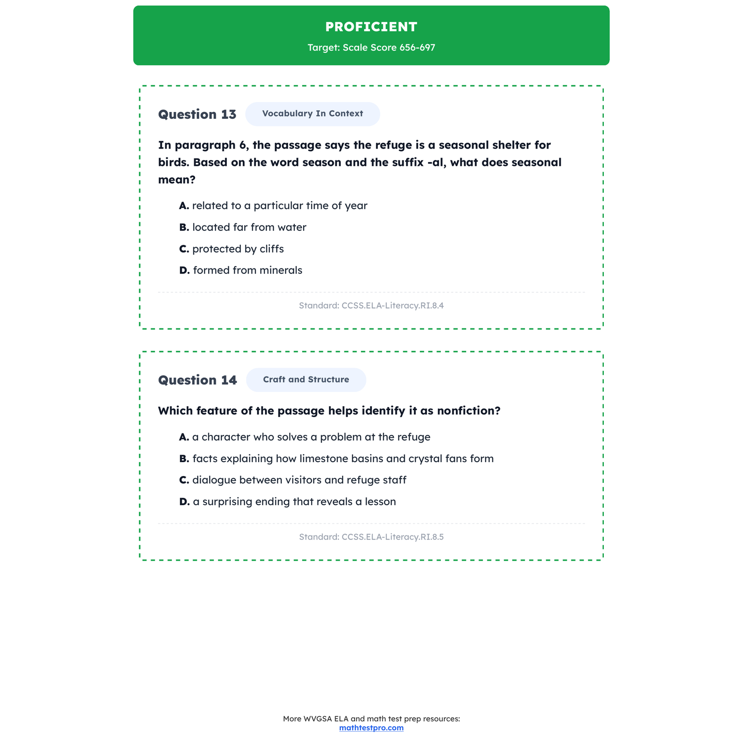 West Virginia WVGSA ELA Test Simulation | 8th Grade | All 4 Levels (480-870) preview 3